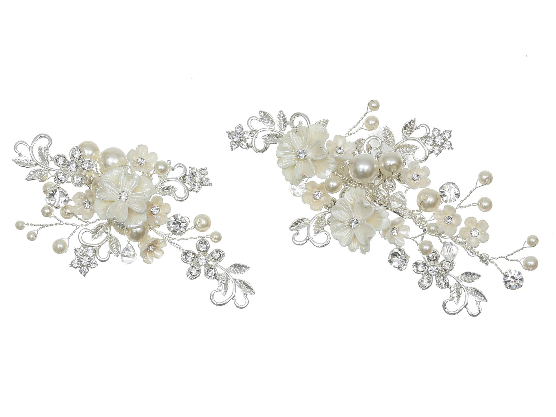SAMKY Handmade White Pearl Crystal Flower Hair Clips - Silver T1212 | Elegant Hair Accessories for Weddings, Parties & Everyday Wear