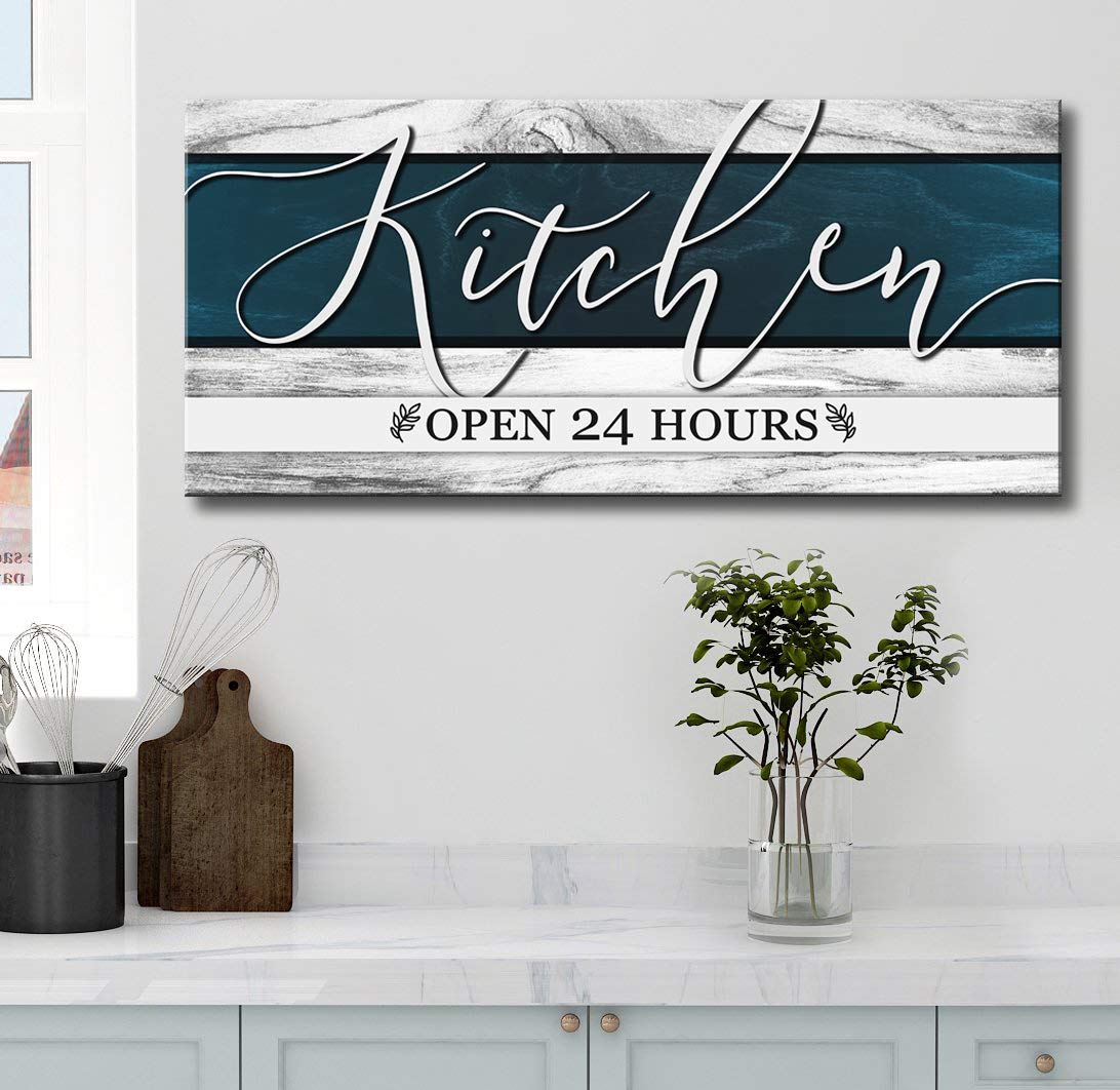 24/7 Kitchen Open Sign - Modern Farmhouse Rustic Wall Art, Large Wood Framed Canvas (42x19, Blue) - Perfect for Country Kitchen Decor & Dining Room Accent