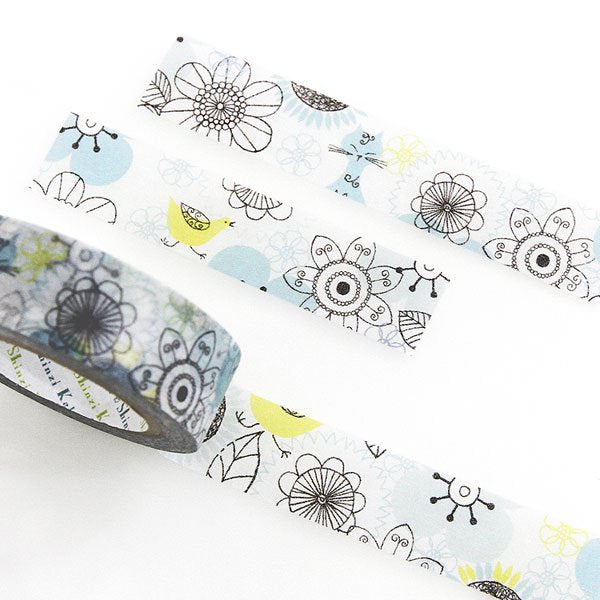 Shinzi Katoh Blue Cat & Flower Washi Tape - Decorative Japanese Paper Tape for Scrapbooking, Journaling, Gift Wrapping & DIY Crafts