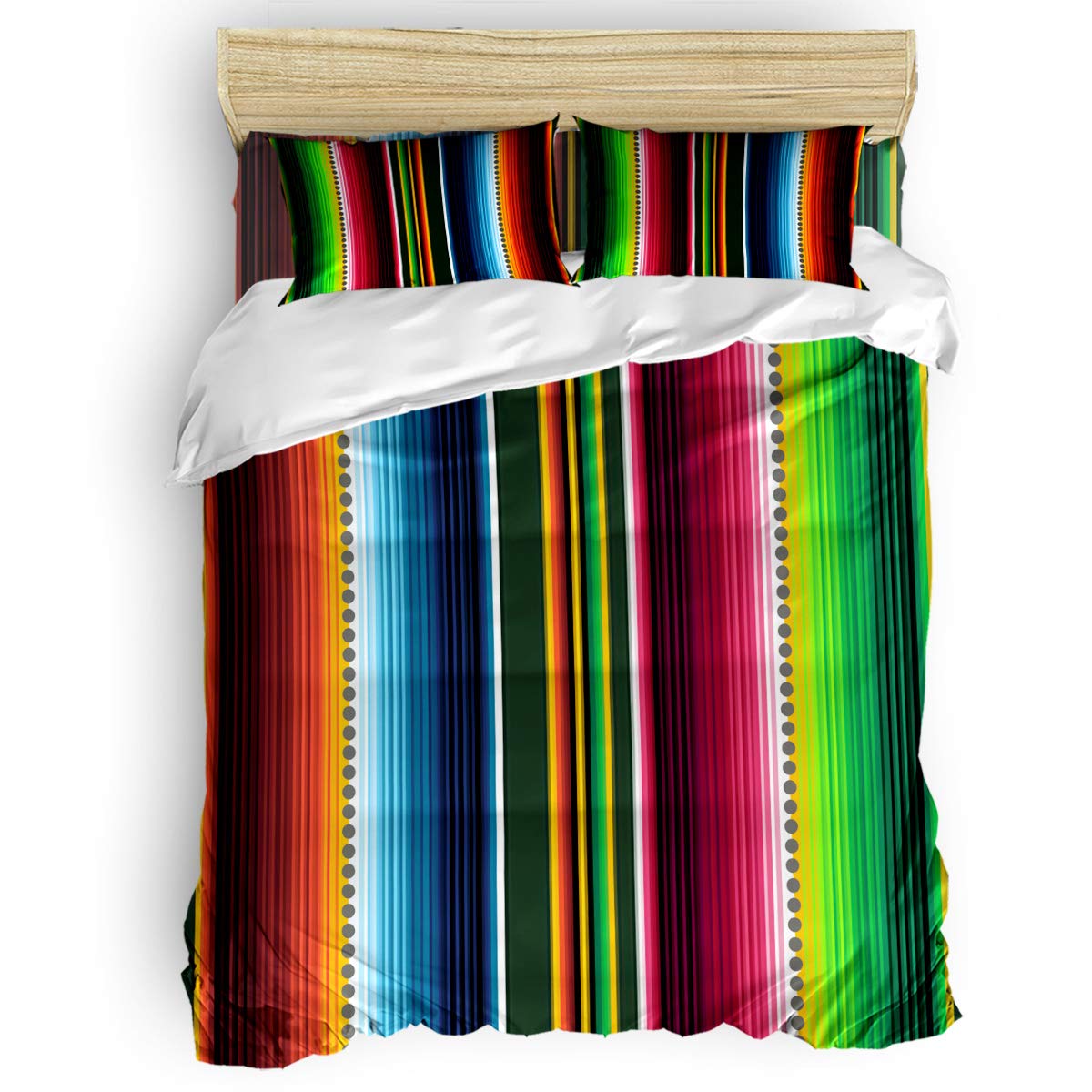 4-Piece Full Size Duvet Cover Set - Ultra Soft Mexican Serape Design Luxury Microfiber Bedding with Ties & Zipper Closure - All Season Comfort - Colorful Stripes Pattern for Bedroom, Guest Room & Dorm Decor