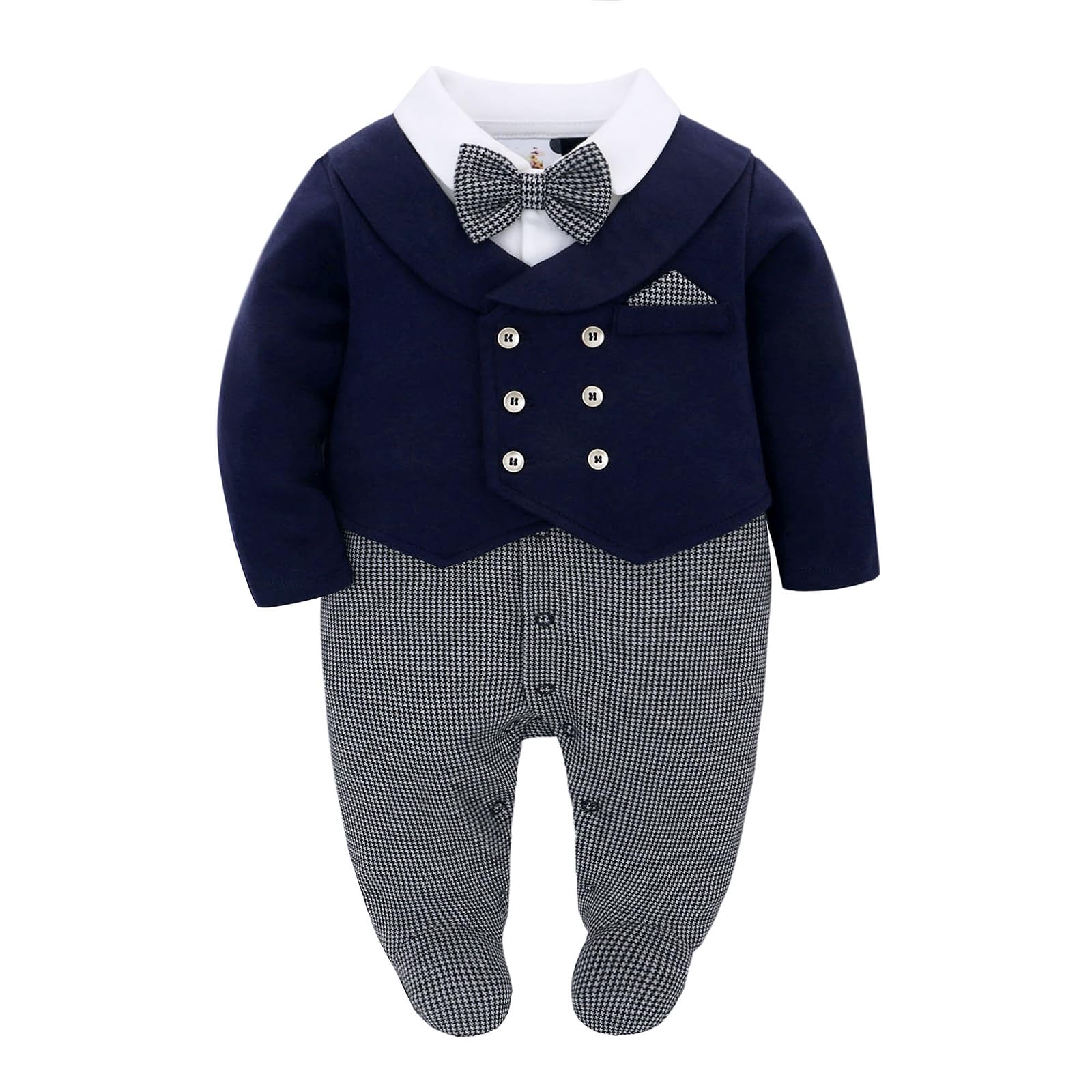 Baby Boy Formal Suit Footed Pajamas - Tuxedo Style One-Piece Outfit with Double-Breasted Design for Parties, Holidays & Special Occasions