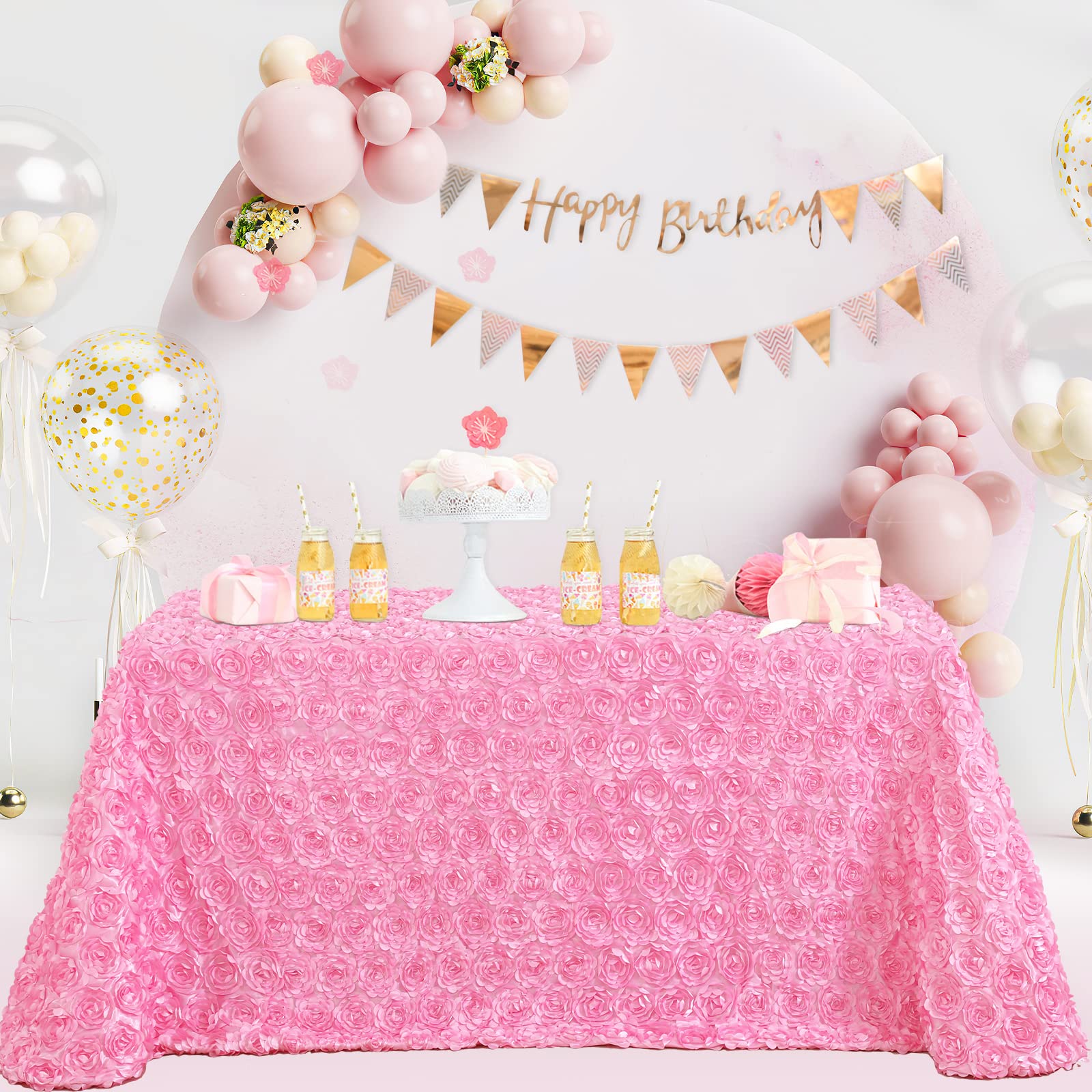 Fanqisi Pink Rosette Tablecloth 50x80 Inches - 3D Satin Rectangle Table Cover for Wedding, Birthday Party, Reception - Elegant Dining Table Decoration for Home & Event Decor