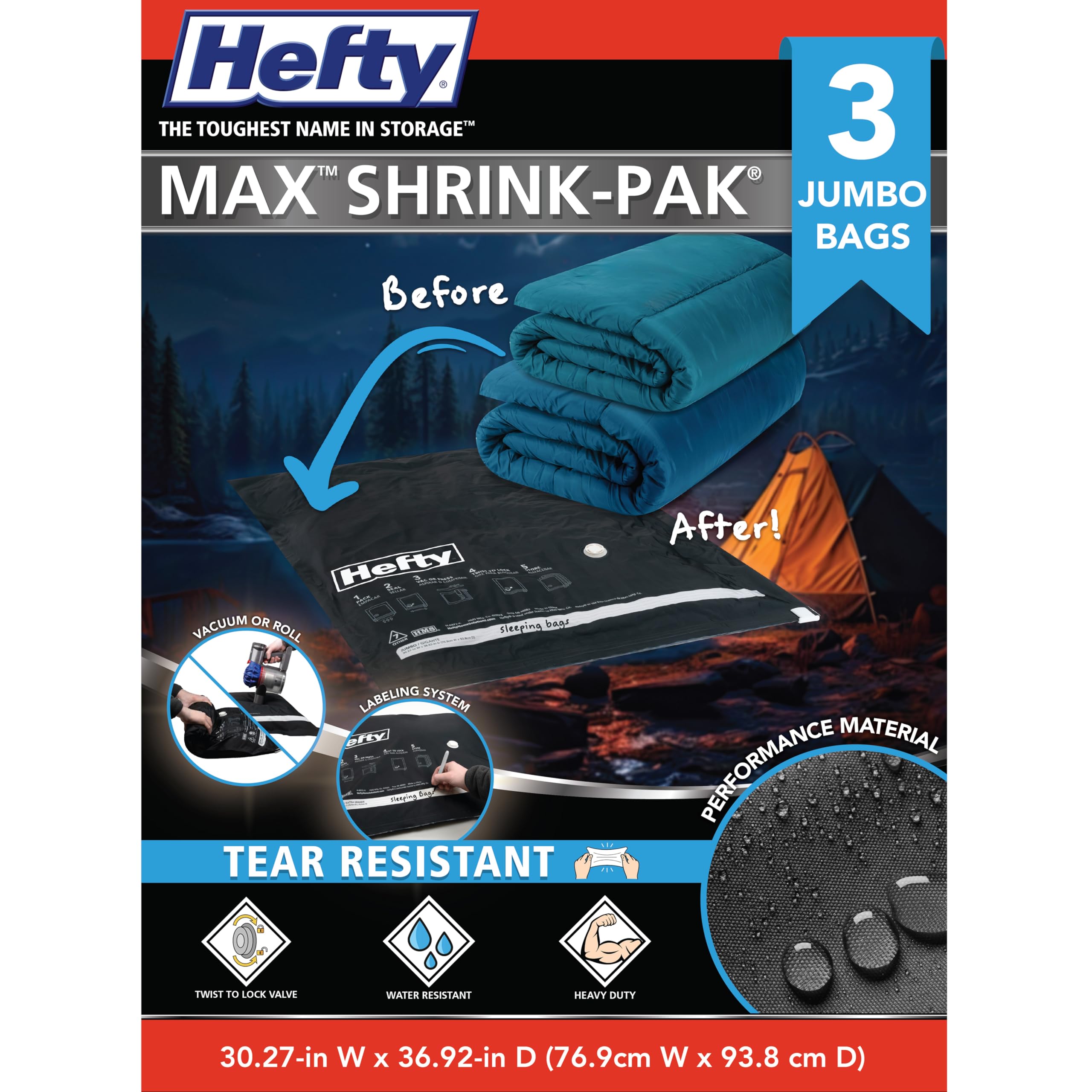 Hefty MAX Shrink-Pak Vacuum Storage Bags – Ultra Durable Tear-Resistant Space Saver Bags for Clothes, Pillows, Blankets & Home Organization – 3 Jumbo 30x36 Inch Vacuum Sealed Bags – Perfect for Seasonal Storage, Travel & Small Space Living