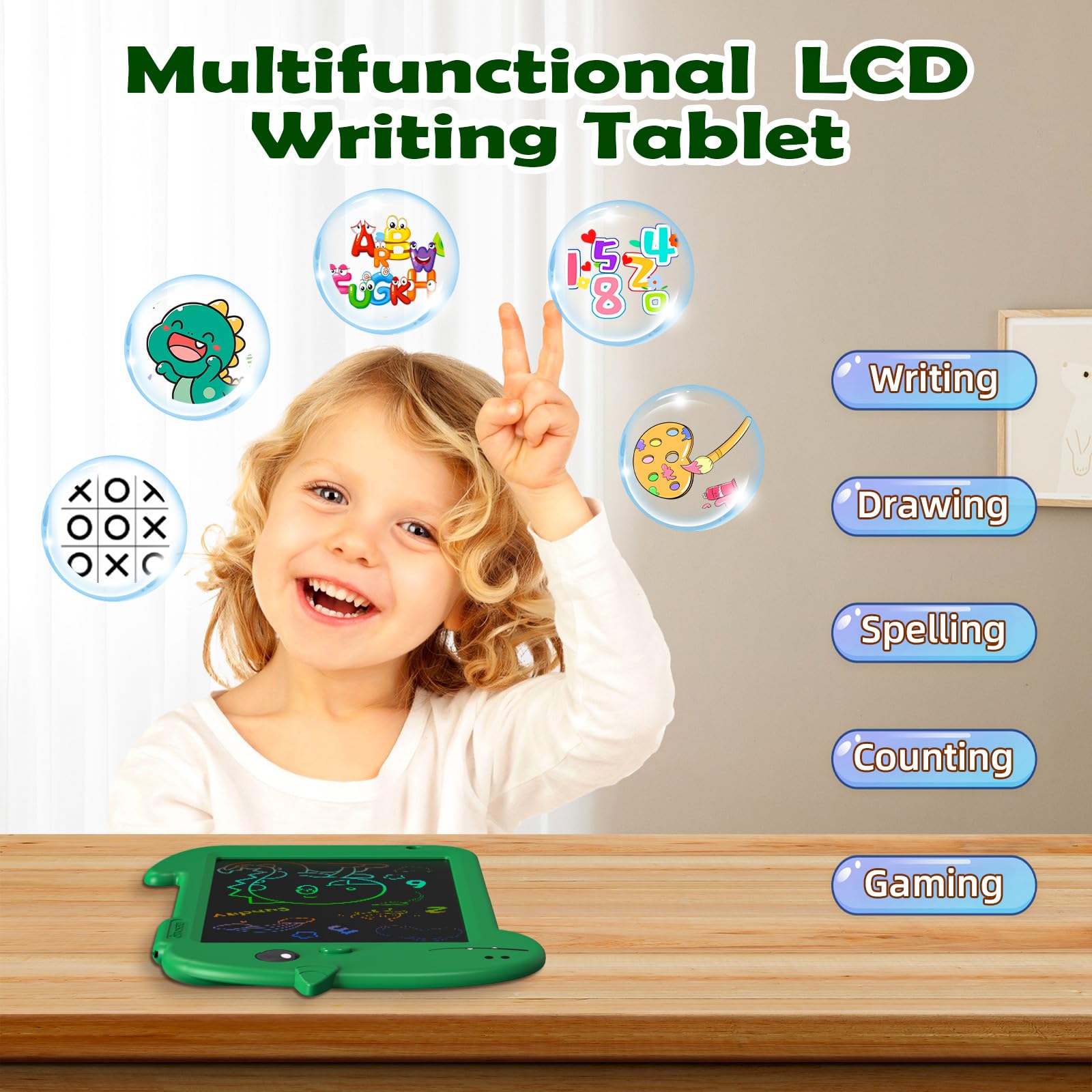 8.8 Inch LCD Writing Tablet for Kids - Doodle Board Drawing Pad for Boys & Girls Ages 3-8 | Dinosaur-Themed Educational Toy | Perfect Birthday & Christmas Gift (Green) - Ideal for Home, School & Travel Use