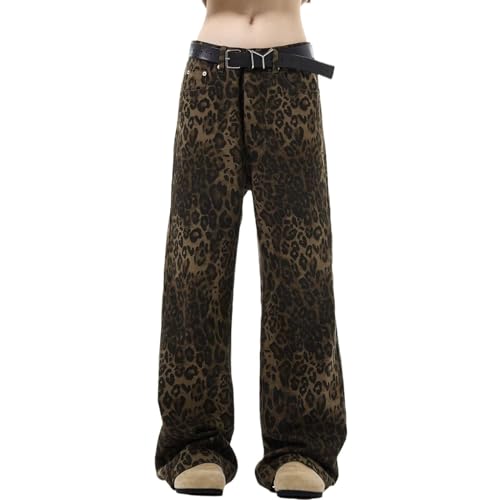 Pokn Leopard Print Jeans for Women - Cheetah Print Baggy Pants, Oversized Straight Leg Jeans | Casual Streetwear, Party Outfit, Fashion Statement