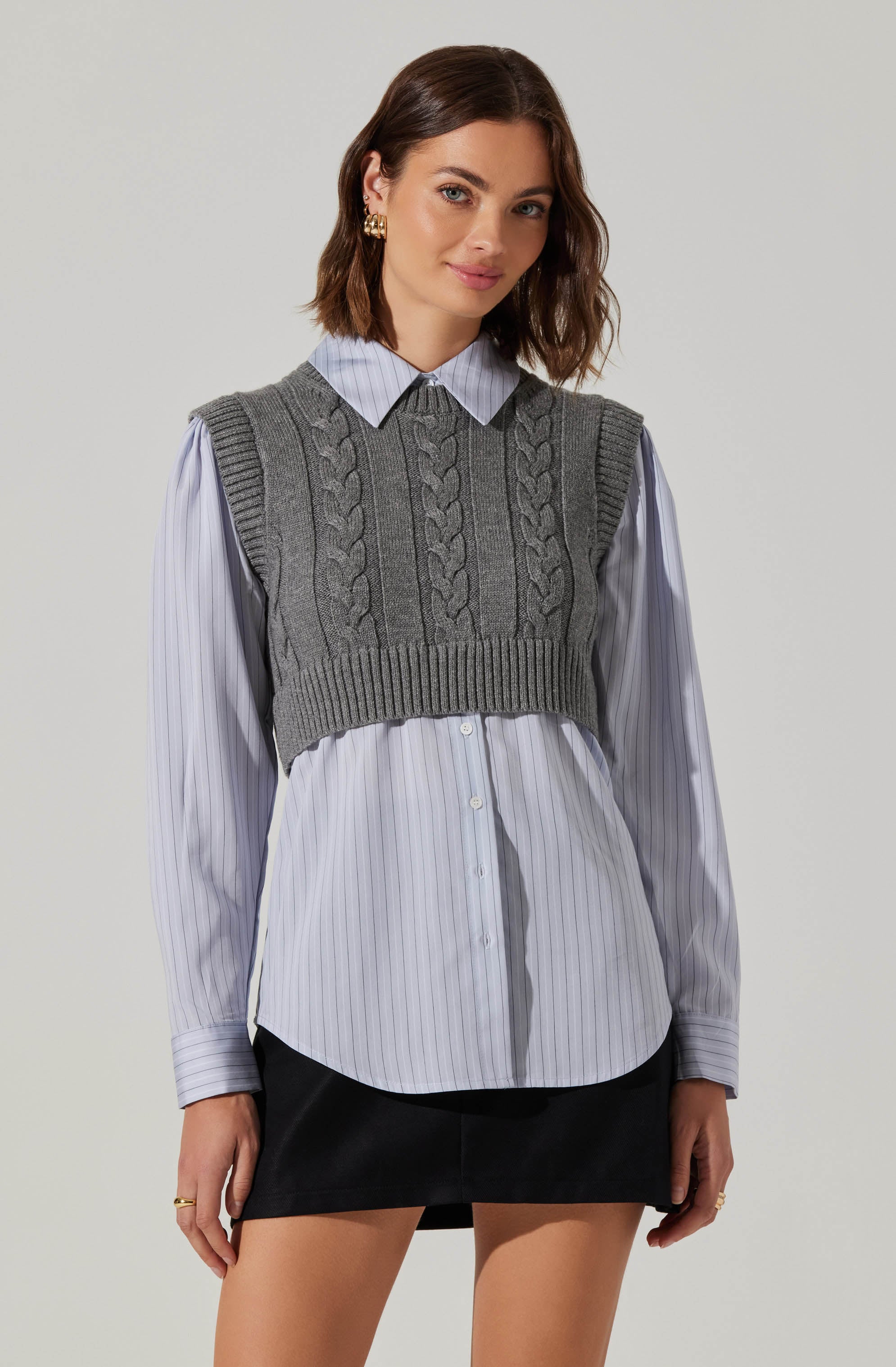 Flannery Layered Cable Knit Combo Shirt for Women - Stylish Winter Layering Top for Casual Outfits & Office Wear