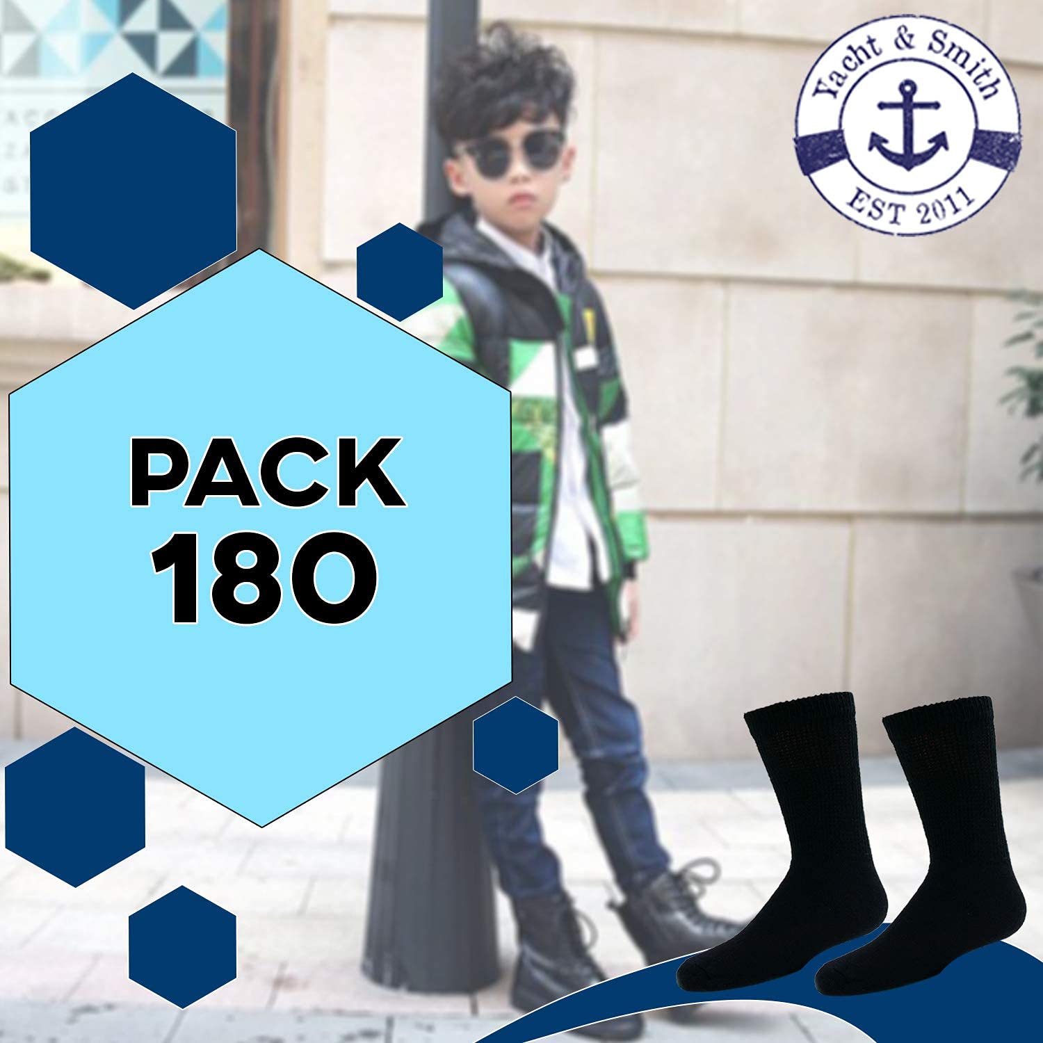 Yacht & Smith 180 Pairs Kids Athletic Socks Bulk Wholesale - Sports Crew Socks for Children Size 6-8 (Shoe 4-7.5) - Black - Perfect for School, Sports & Daily Wear