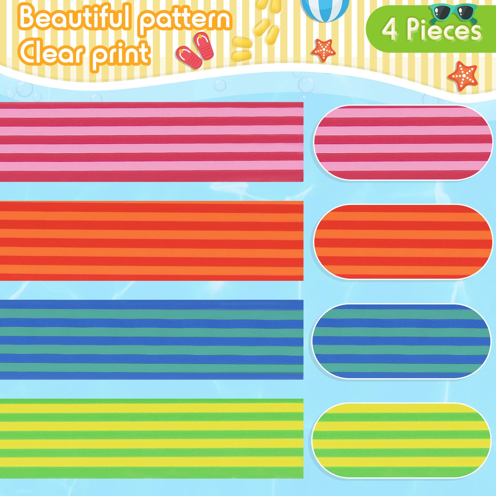 Boao 4-Pack Extra Large 15.75 x 1.97 Inch Windproof Elastic Towel Bands for Beach Chairs, Pool Loungers & Cruise Deck Chairs - Durable Strap Clips for Summer, Vacation & Hawaiian-Themed Accessories (Striped Pattern) - Perfect for Securing Towels at Resorts, Hotels and Backyard Pools