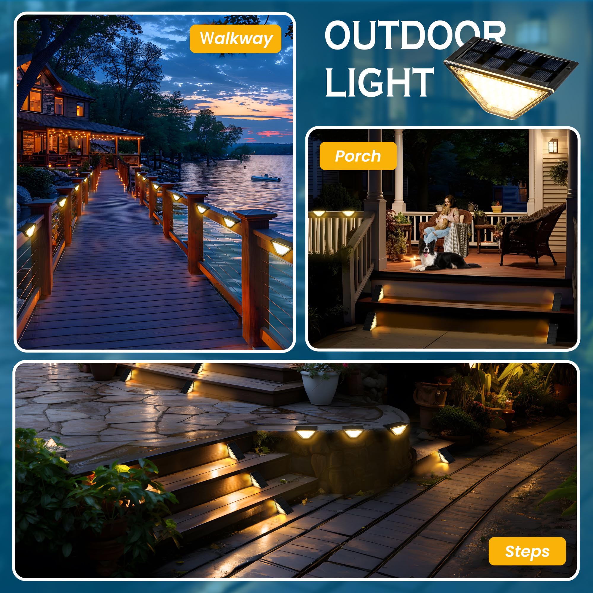 SOLPEX 24 LED Solar Step Lights Outdoor Waterproof - 6 Pack Warm White Solar Stair Lights for Porch, Front Door, Deck, Fence, Balcony, Patio, Yard & Garden - Perfect for Nighttime Safety and Landscape Lighting