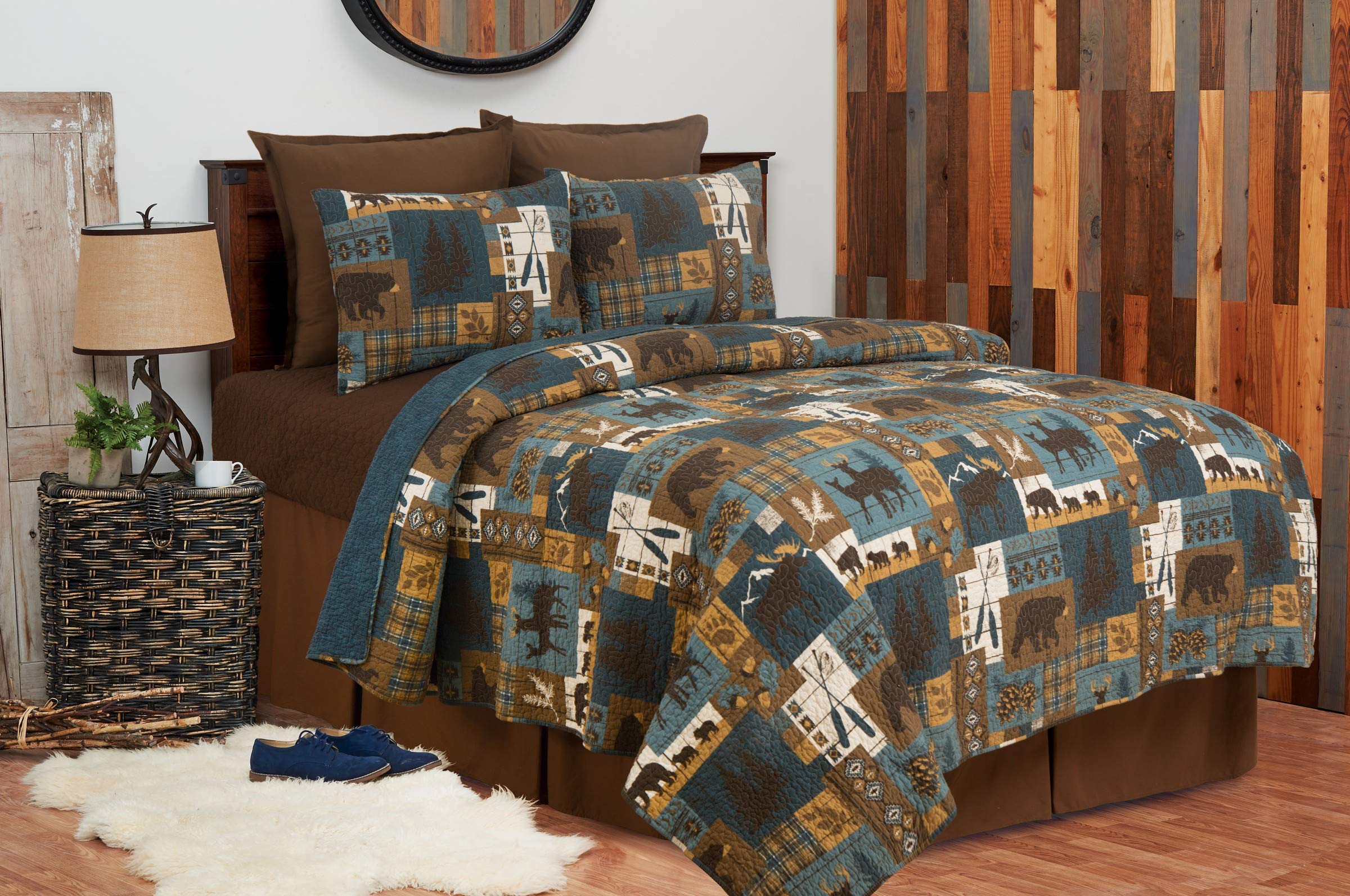 Timber Trails Sky 3-Piece King Quilt Set - Blue, Tan & Brown Cabin Woods Pattern Bedding with Shams | Rustic Cabin Decor for Cozy Bedroom Retreat