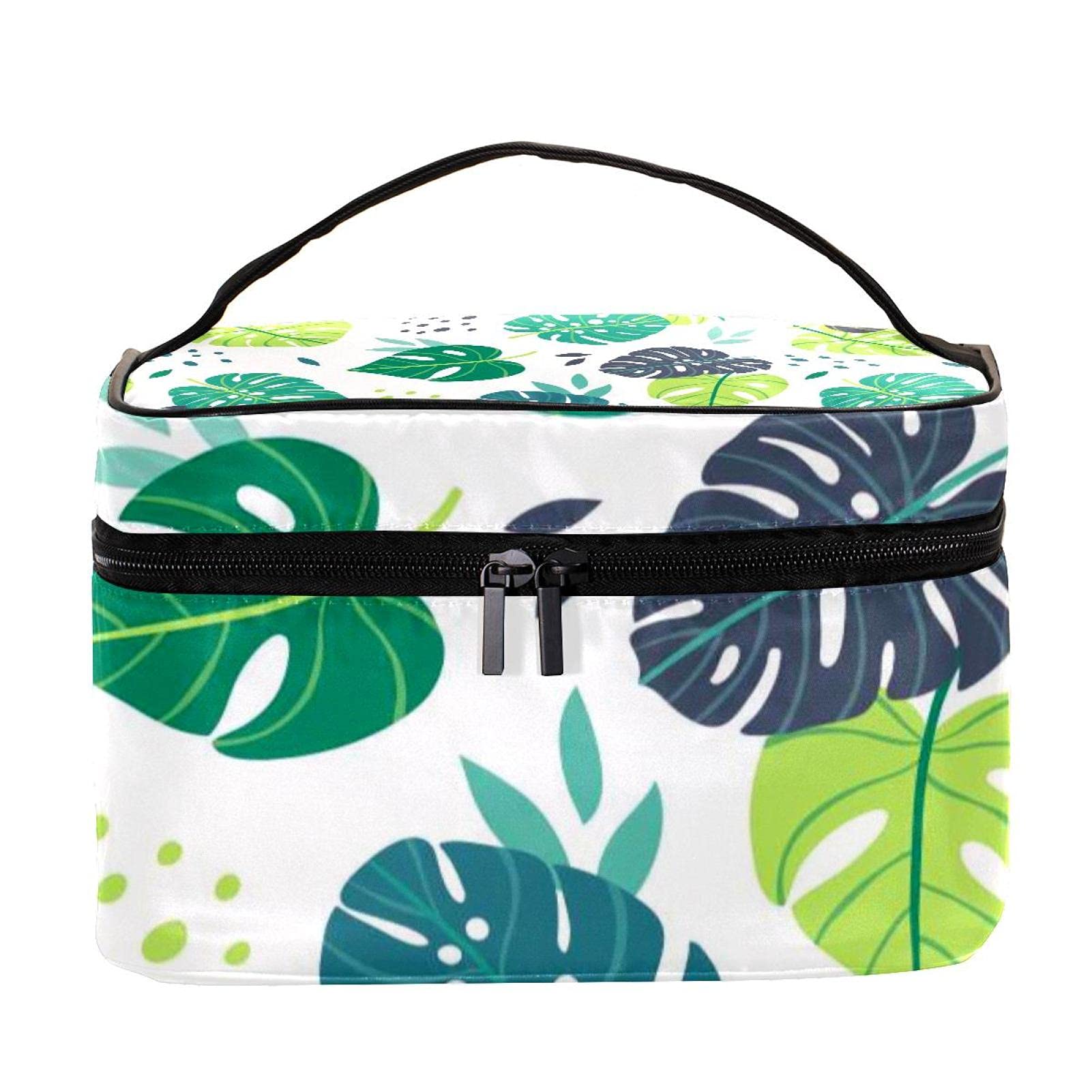 Large Green Monstera Leaves Pattern Travel Makeup Bag - Waterproof Cosmetic Organizer with Zipper for Women & Girls | Perfect for Vacation, Gym, Beach Essentials Storage