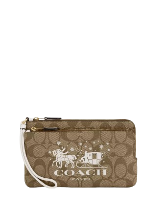 Coach Double Zip Wallet in Signature Canvas with Horse & Sleigh Design - Stylish Leather Card Holder for Women, Perfect for Everyday Use, Travel & Gift Giving