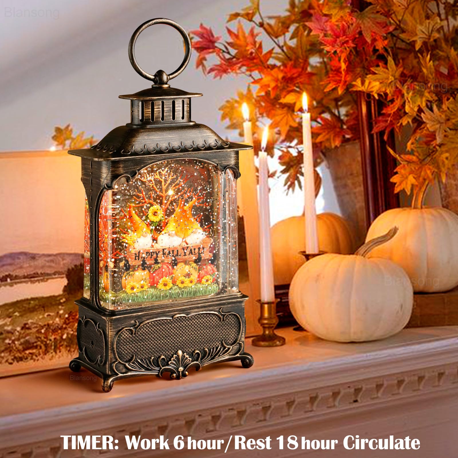 10.2 Inch Christmas Snow Globe Lantern with Timer - USB & Battery Powered Holiday Decor for Home, Party, Office (Autumn Harvest Theme) | Perfect for Christmas Tree Decorations, Gift Giving & Winter Home Decor