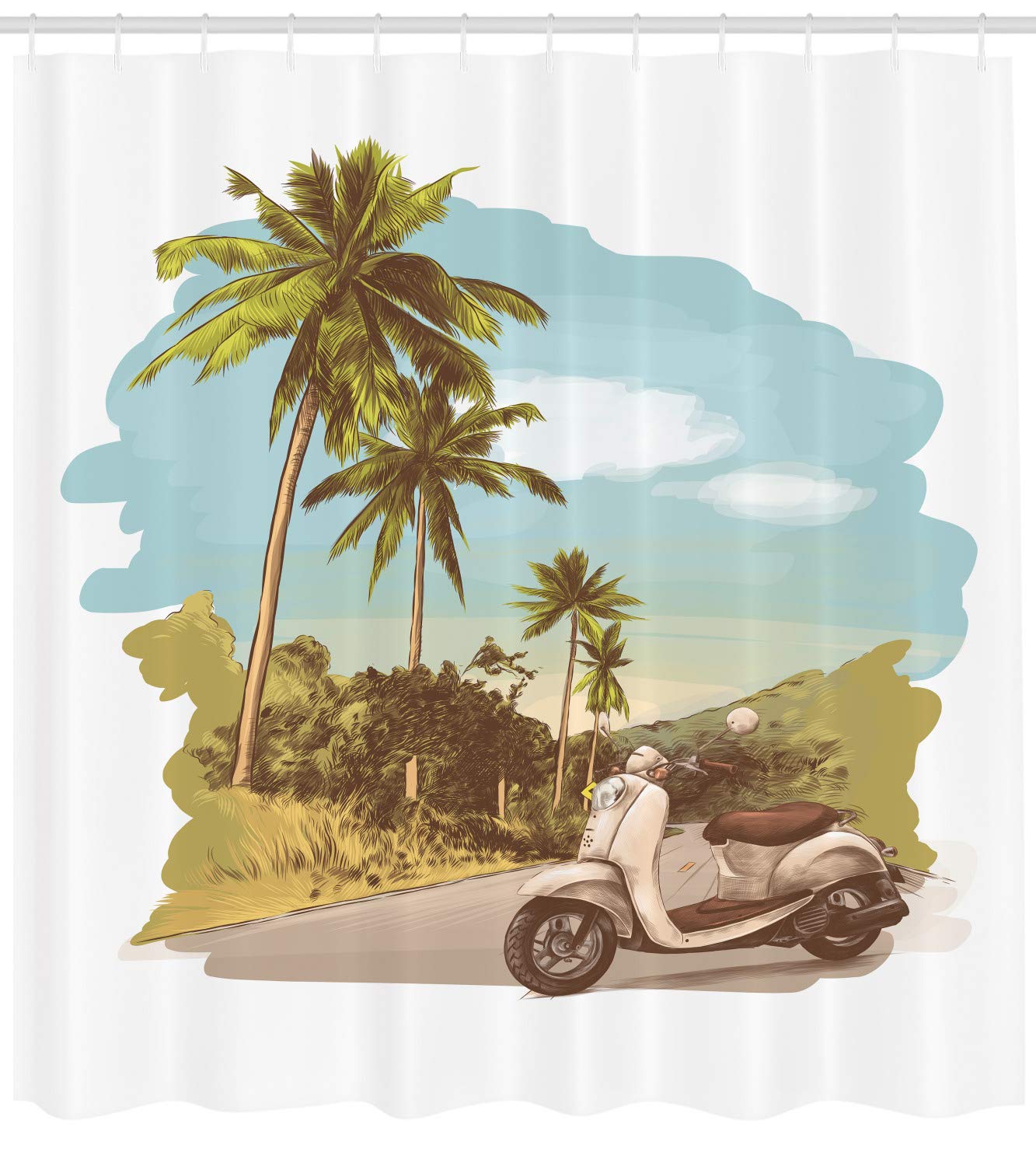 Ambesonne Retro Vintage Scooter Jungle Shower Curtain - Faded Effect Palm Tree Design, Extra Wide 105 Inch Waterproof Fabric Bathroom Decor with Hooks - Perfect for Vintage Themed Bathrooms, Guest Baths & Bohemian Home Decor