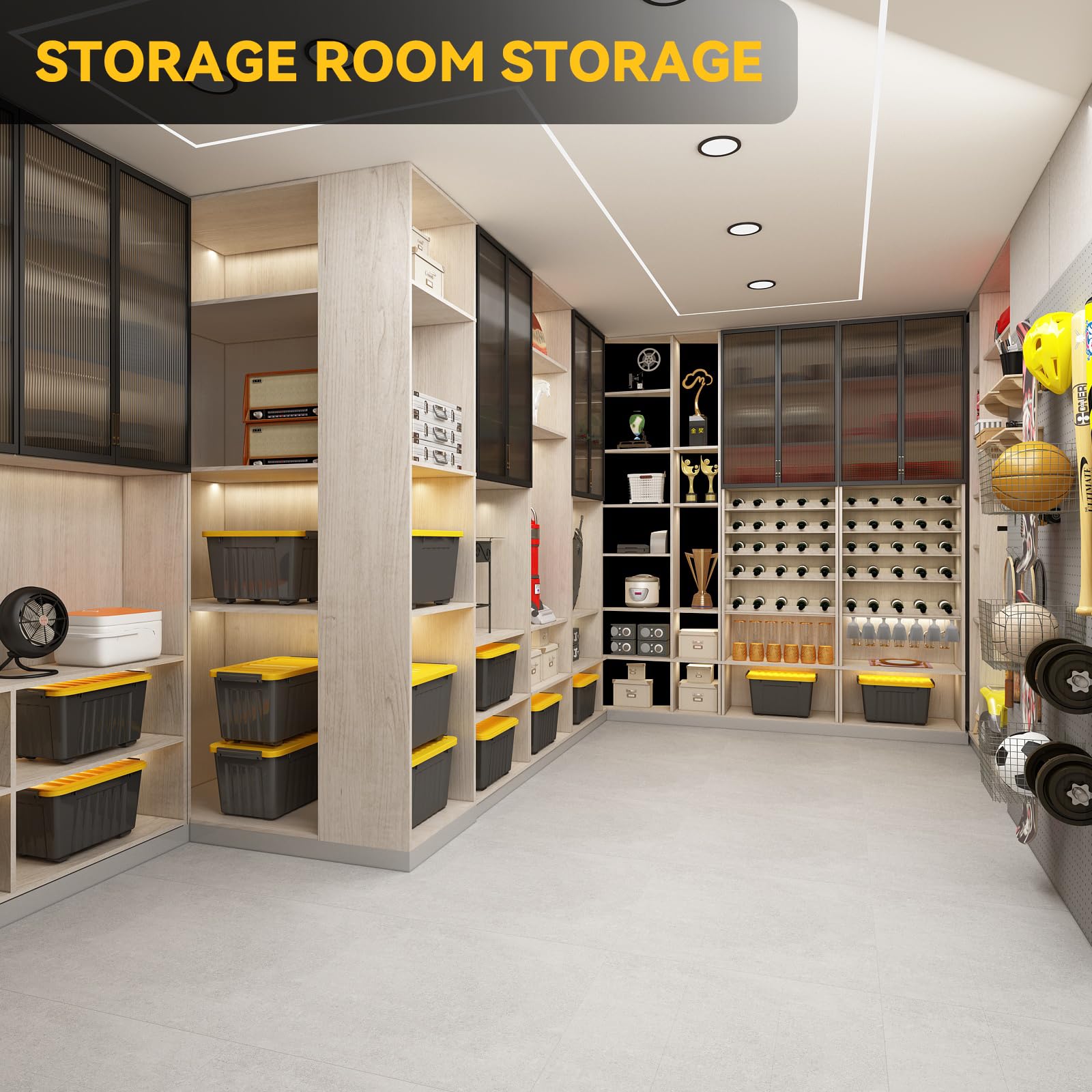 Nazhura 72-Quart Plastic Storage Bins (6-Pack) - Stackable, Nestable Organizing Containers with Secure Latching Buckles & White Lids - Large Storage Boxes for Home, Office, Garage Organization (Black/Yellow) - Perfect for Seasonal Decor, Toys, Clothes & Household Items Storage