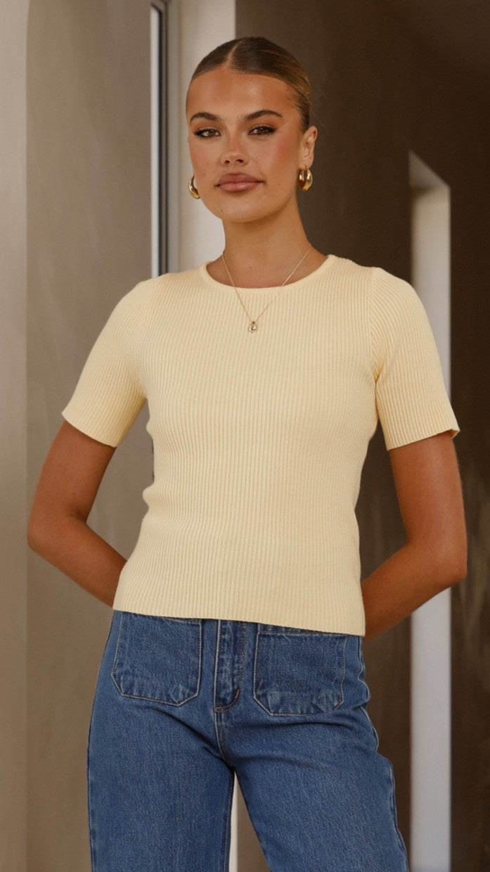 Laylin Ribbed Knit Top for Women - Soft Stretch Yellow T-Shirt, Casual & Comfortable for Everyday Wear, Workout, and Layering