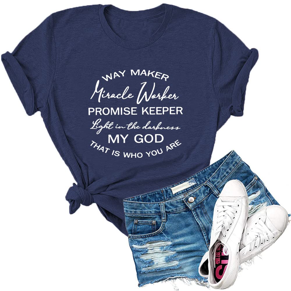 Dauocie Women's Christian T-Shirt - Way Maker, Miracle Worker, Promise Keeper, Light in The Darkness Inspirational Print Tee | Faith-Based Apparel for Church, Bible Study & Everyday Wear