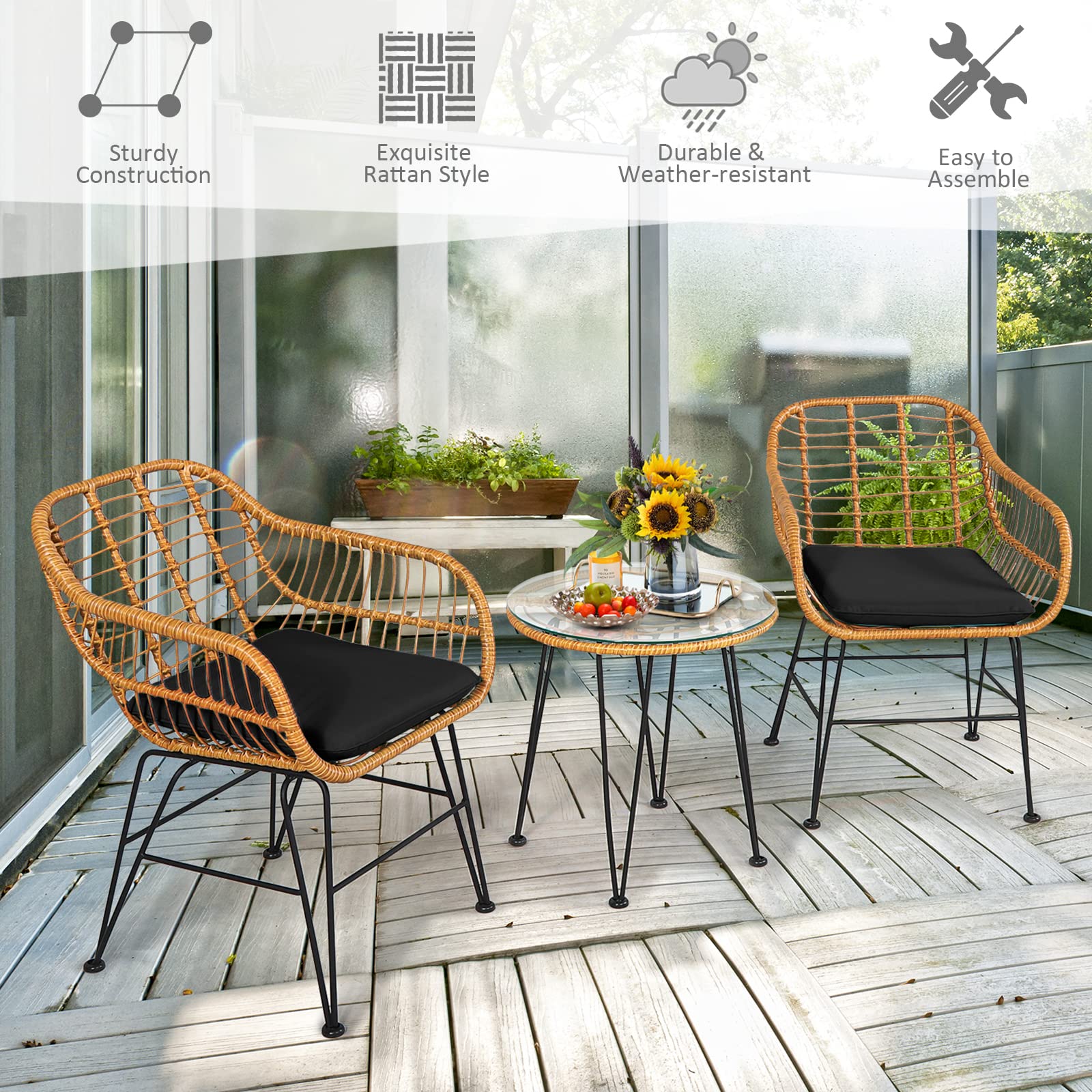 Tangkula 3-Piece Patio Bistro Set - Rattan Wicker Conversation Set with 2 Cushioned Armchairs & Round Glass Coffee Table - Indoor Outdoor Furniture for Balcony, Backyard, Garden, Poolside - Perfect for Relaxing, Entertaining & Outdoor Dining