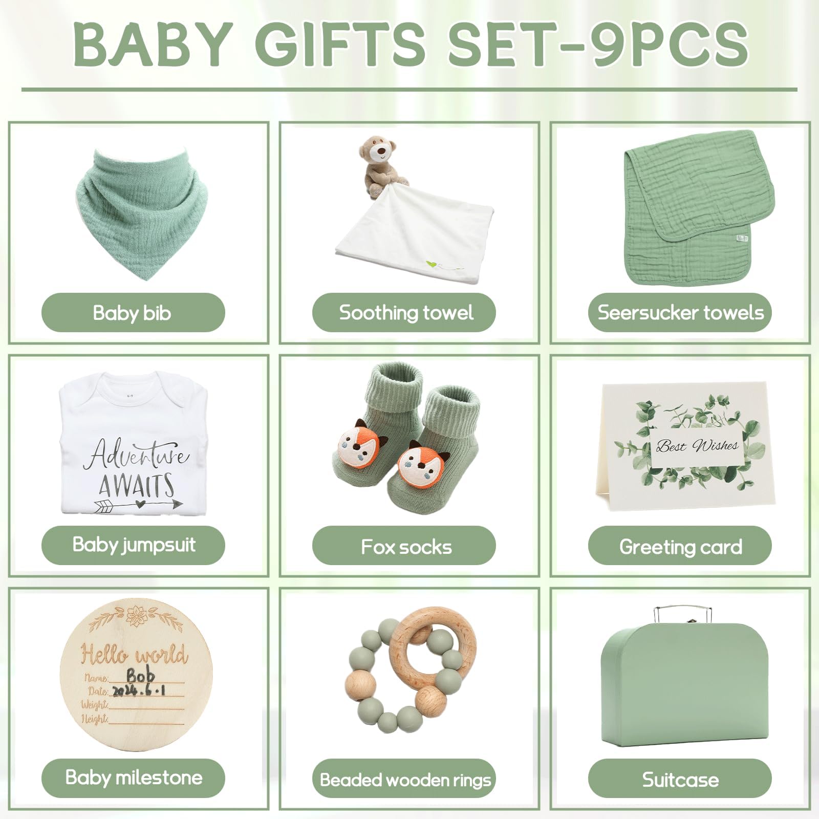 Premium Baby Shower Gift Set - Newborn Essentials Basket with Rattle, Swaddle & Security Blanket | Gender Neutral Sage Green Baby Gifts for Girls & Boys | Perfect for Birthdays, Welcoming Newborns & Nursery Decor