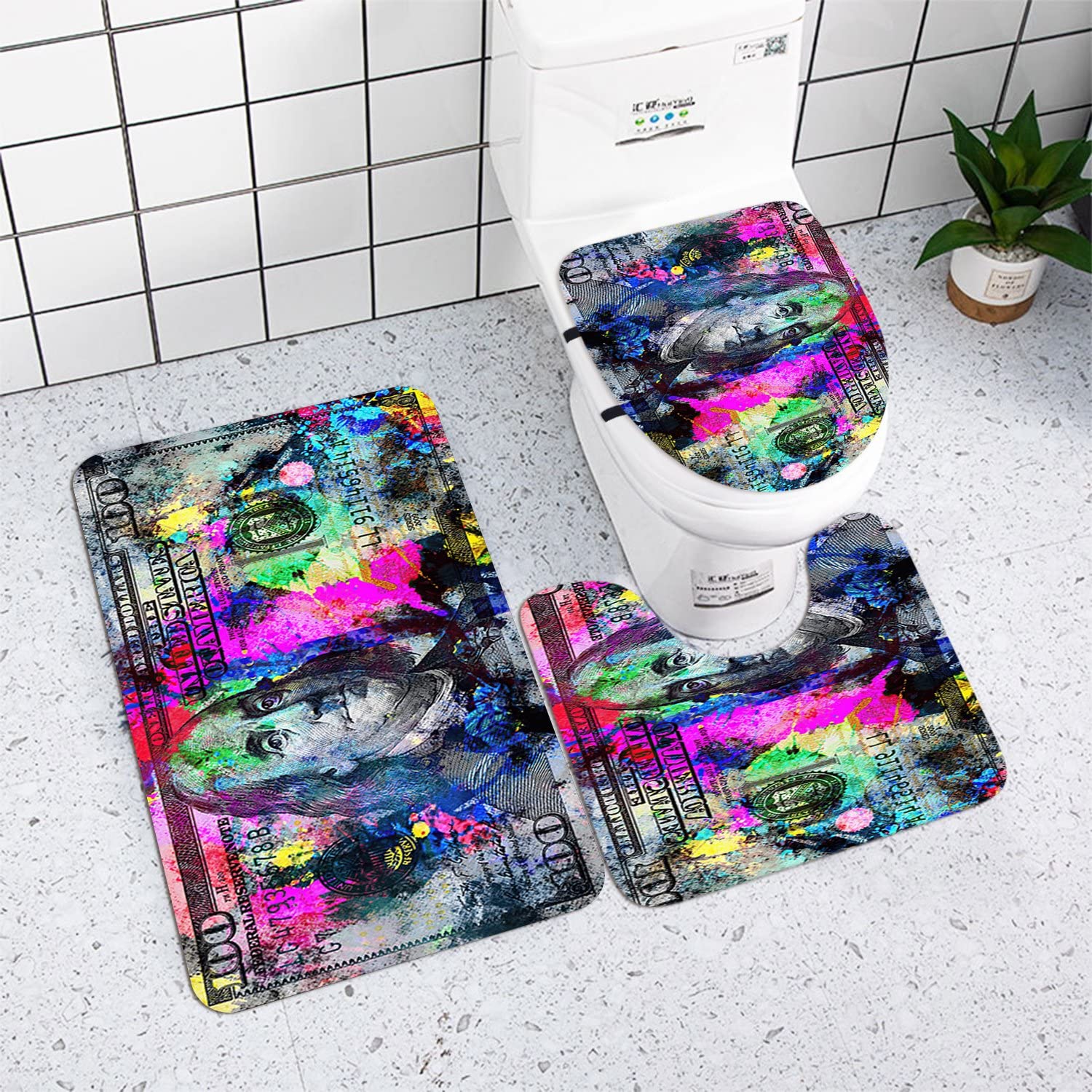 GUBIYU 3-Piece Flannel Bathroom Rug Set - Soft Non-Slip Absorbent Bath Mat with Backing Pad, Contour Rug & Toilet Lid Cover - Rainbow Design for Men's Room Decor - Perfect for Bathroom, Shower & Vanity Areas