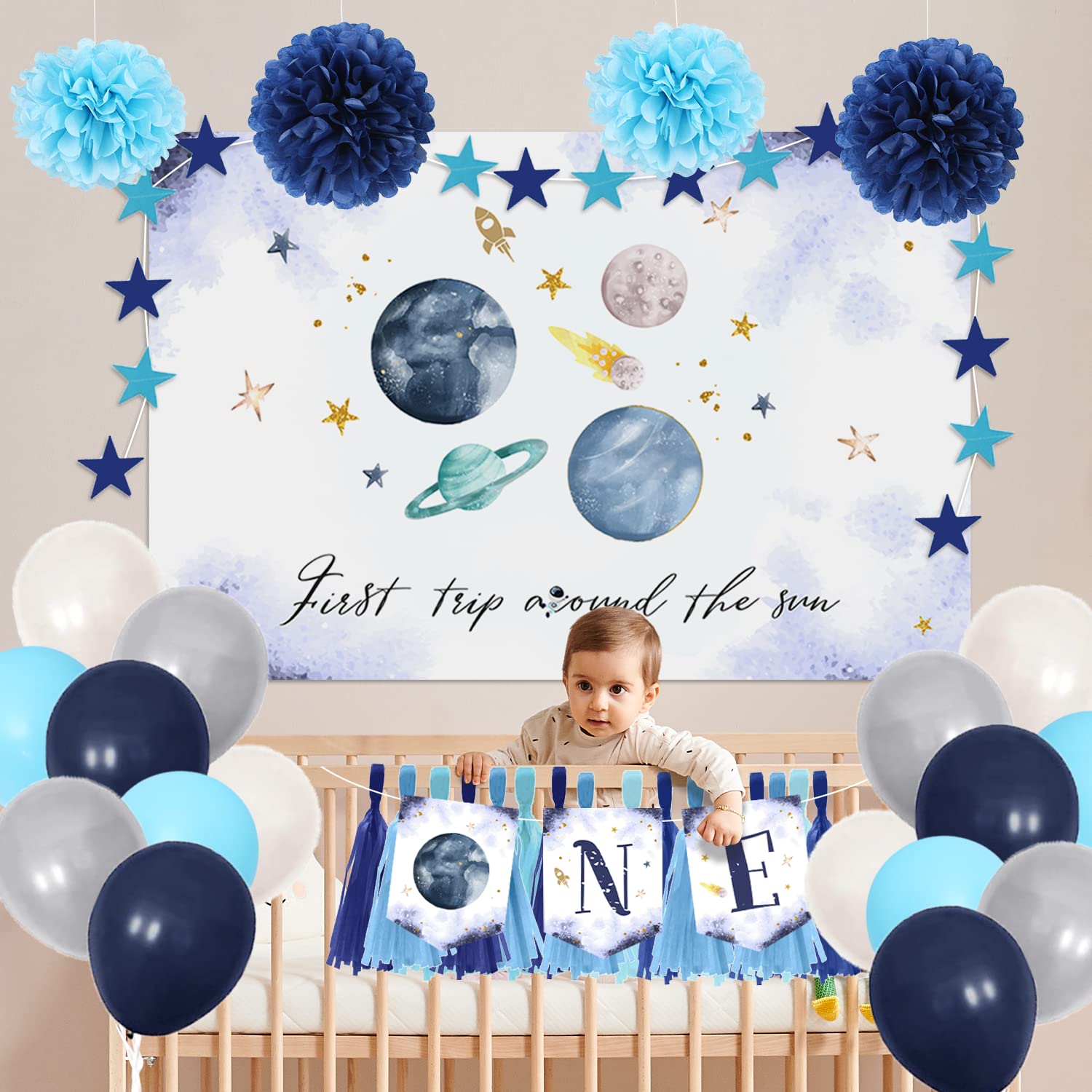 Outer Space First Birthday Decorations - 1st Birthday Banner, High Chair Decor & Party Supplies for Boys | Space Theme Party Decorations for Baby's First Trip Around The Sun Celebration