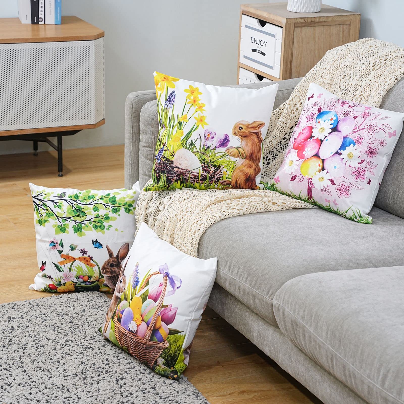 Easter Pillow Covers 20x20 Inch - Happy Easter Eggs, Tree, Bunny Rabbit & Spring Flowers Decorative Throw Pillow Cases for Sofa, Couch, Bed, Office, Car - Perfect for Easter Home Decor & Spring Season Celebrations