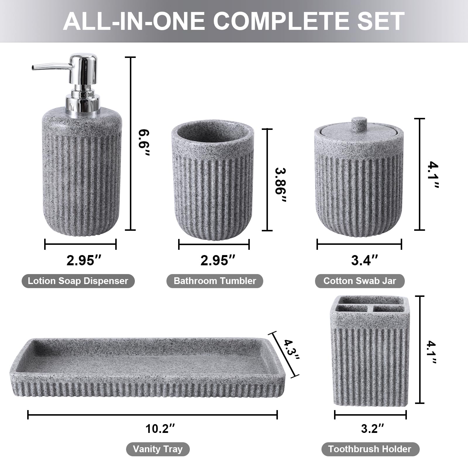 5-Piece Resin Grey Bathroom Accessories Set - Soap Dispenser, Toothbrush Holder, Tumbler, Q-Tip Holder & Vanity Tray | Modern Bathroom Countertop Organizer for Home & Apartment | Perfect for Guest Bathrooms, Master Suites & Small Space Organization