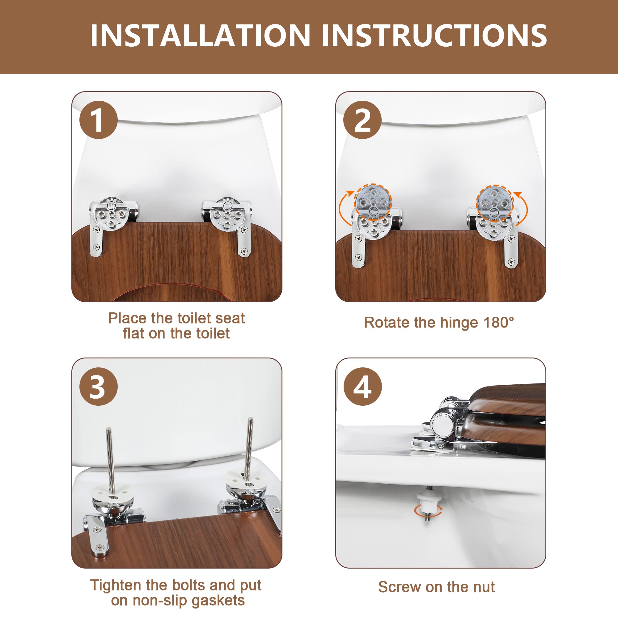 Angol Shiold Elongated Wood Toilet Seat with Soft-Close Hinges - Easy Install & Clean, Quick Release (Walnut Finish) - Perfect for Modern Bathrooms & Home Renovations