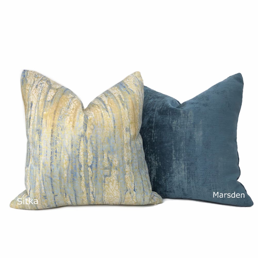 Sitka Blue Cream Gold Abstract Linen Pillow Cover - Modern Home Decor for Sofa, Bed & Living Room - 18x18 Inch Decorative Throw Pillow Case
