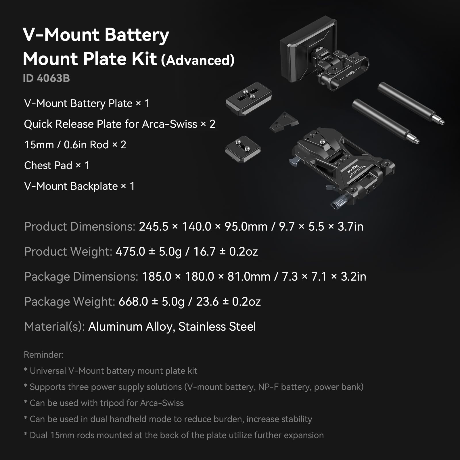 SmallRig 4063B V-Mount Battery Plate with Dual Quick Release - Compatible with DSLR Cameras, Gimbals & Tripods | Arca-Swiss Mount, 15mm Rods & Foldable Design for Professional Videography & Outdoor Shooting