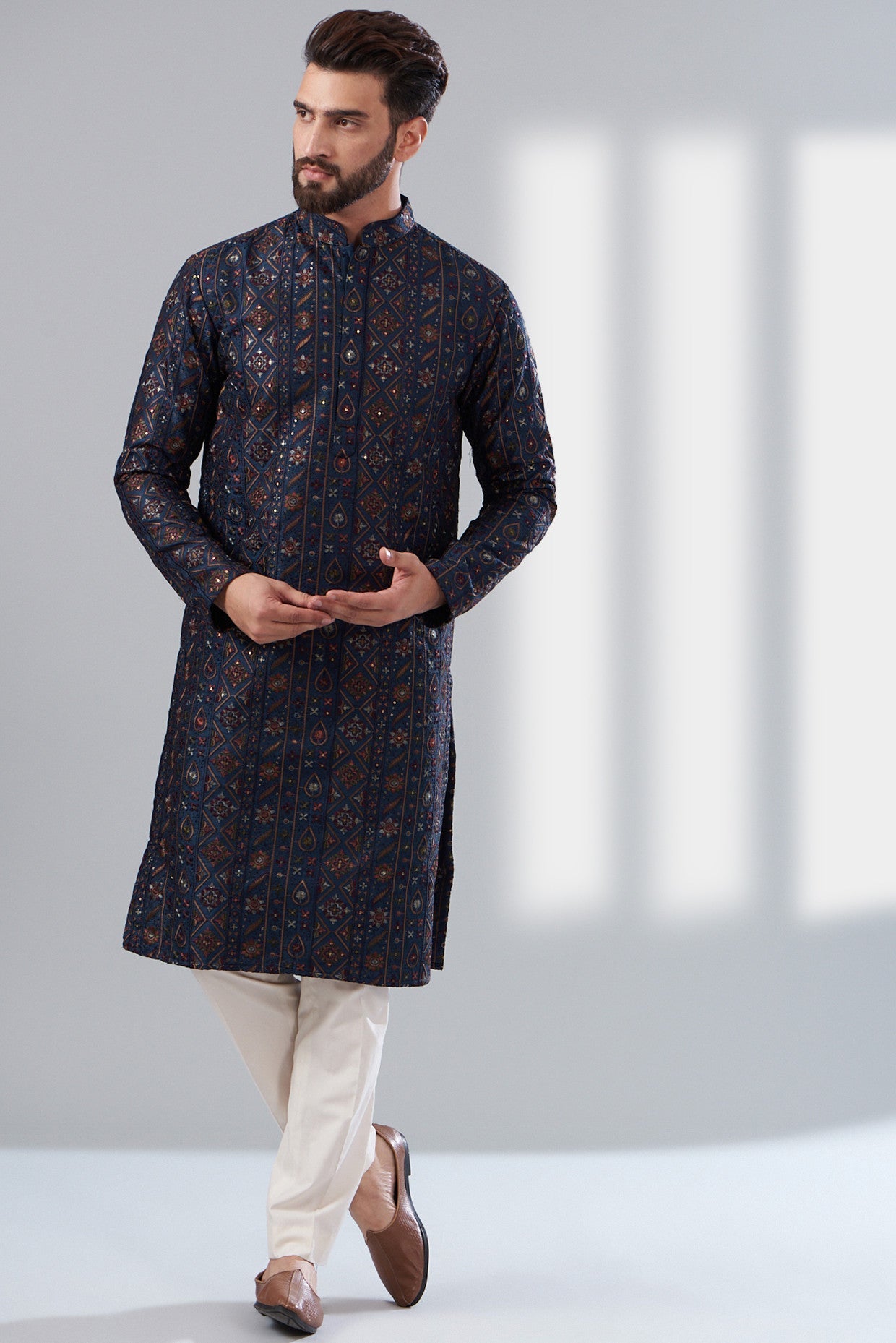 Premium Navy Blue Multi-Thread Embroidered Work Kurta for Men - Office Wear & Festive Occasions