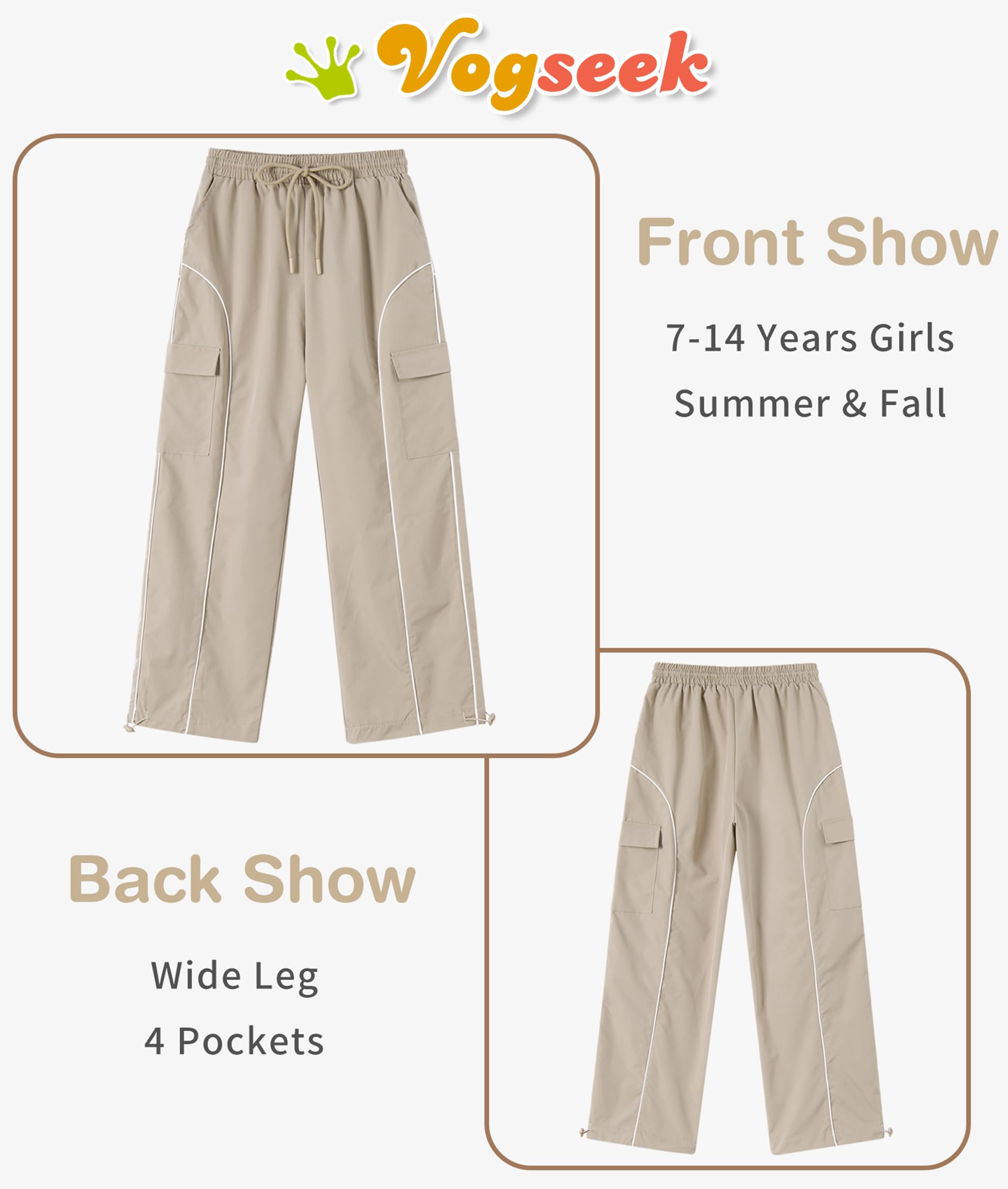 Vogseek Girls Cargo Pants for 7-14 Years | Y2K Joggers Trousers | Kids Baggy Pants with Pockets | Casual Wear, School Outfits & Street Style Fashion