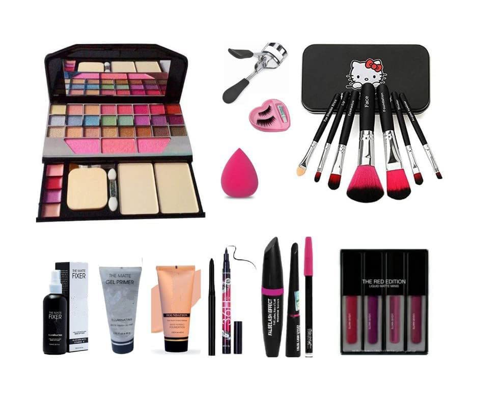 Mwezi TYA 6155 Professional Makeup Kit - 23 Pcs Set with 7 Black Makeup Brushes, 4 Red Lipsticks, Eyelash Curler, Foundation, Primer, Kajal, 36H Blender, 3-in-1 Eyeliner, Mascara & Eyebrow Pencil | Perfect for Daily Makeup, Party & Bridal Looks