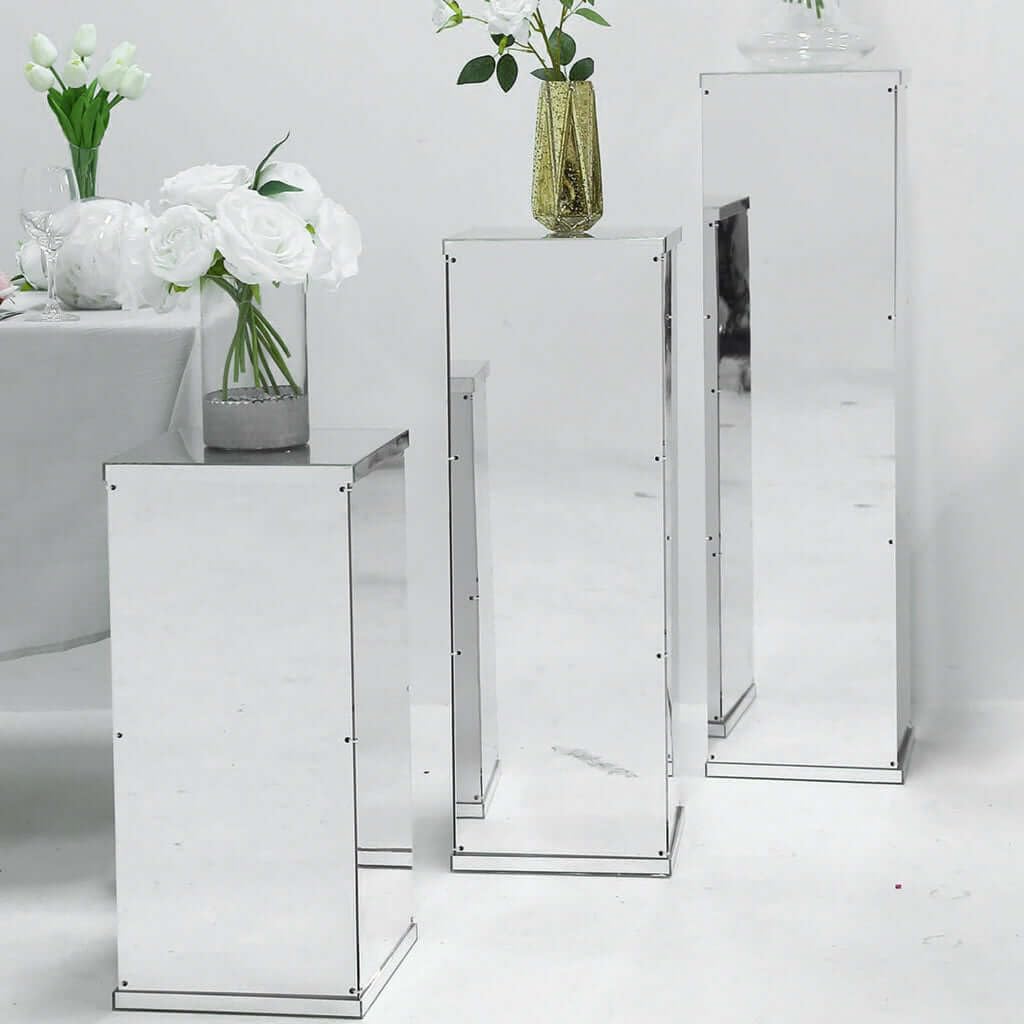 Efavormart 5-Piece Silver Mirror Finish Wedding Decor Set - Clear Display Box for Centerpieces with Interchangeable Lid & Base - Perfect for Bridal Showers, Receptions & Special Events