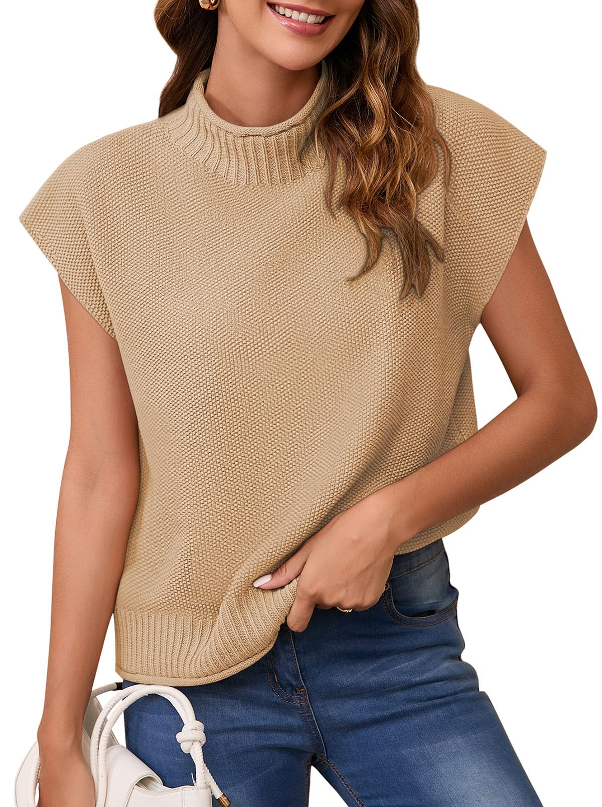 Pink Queen Women's 2025 Spring Mock Neck Sweater Vest - Cap Sleeve Pullover Knit Top for Casual Wear & Office Outfits