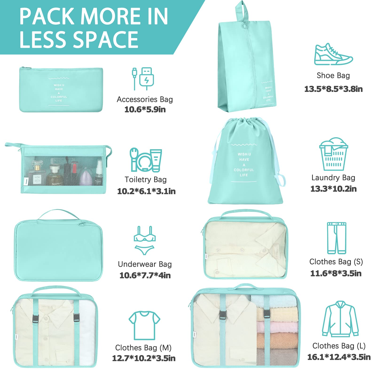 KPX 8-Piece Travel Packing Cubes Set - Luggage Organizer for Clothes, Shoes & Cosmetics with Large Toiletries Bag | Perfect for Suitcase Organization, Business Trips & Vacation Packing