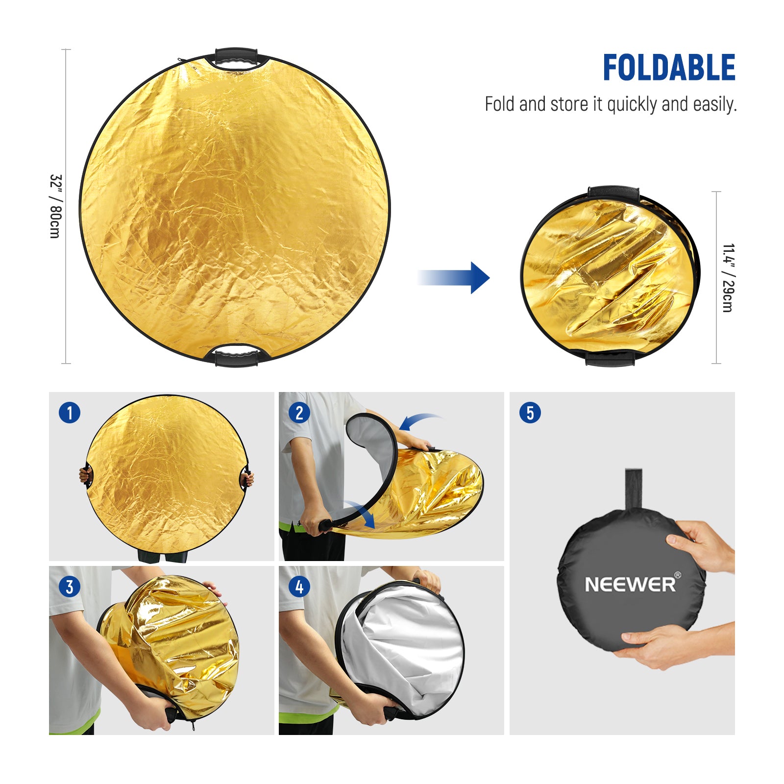 NEEWER RF 80II 5-in-1 Light Reflector Kit with Clamp & Hand Grips for Photography, Videography, and Studio Lighting - Perfect for Portraits, Product Shoots, and YouTube Videos