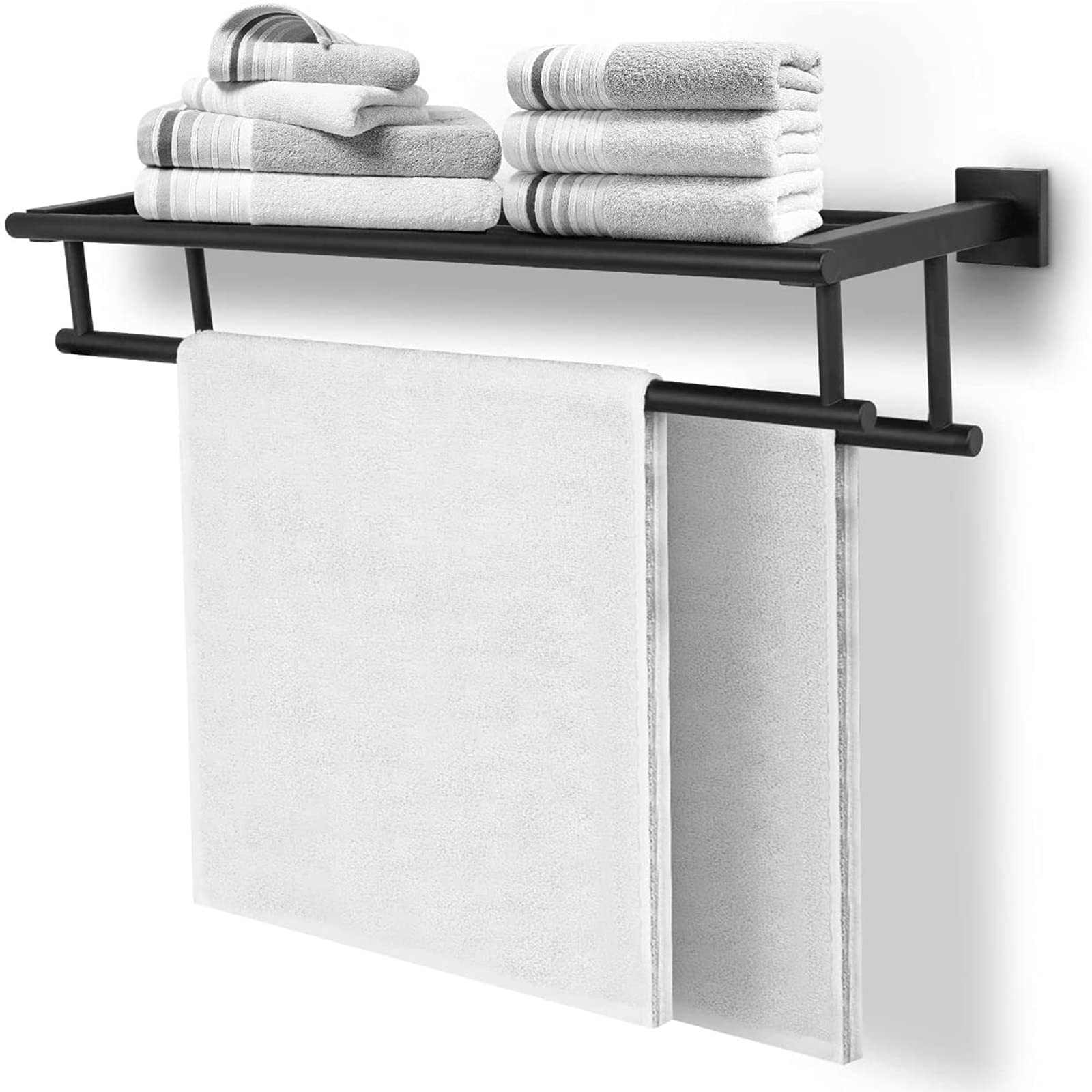 Stainless Steel Towel Shelf with Double Towel Bar - 27.5 Inch Wall Mounted Bathroom Organizer | SUS304 Matte Black Finish | Perfect for Bathroom, Hotel & Spa Decor
