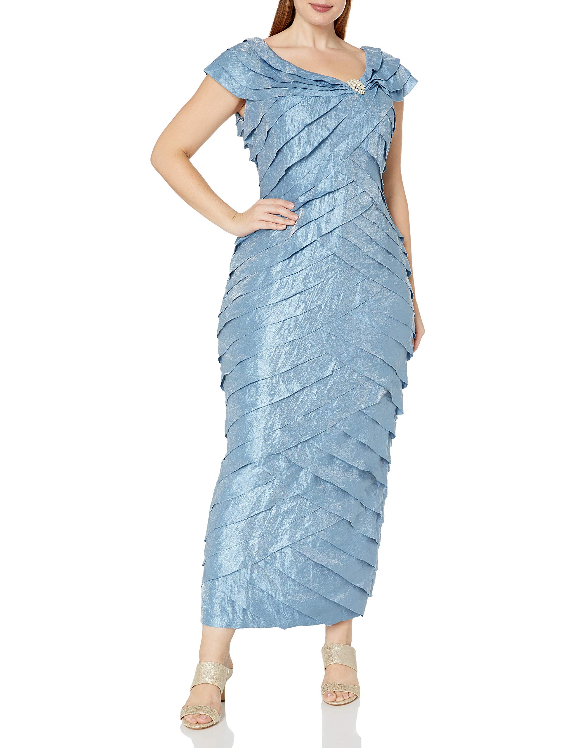 London Times Women's Plus Size Cap Sleeve Evening Gown with Brooch Detail & Portrait Collar - Elegant Formal Dress for Weddings, Galas & Special Occasions