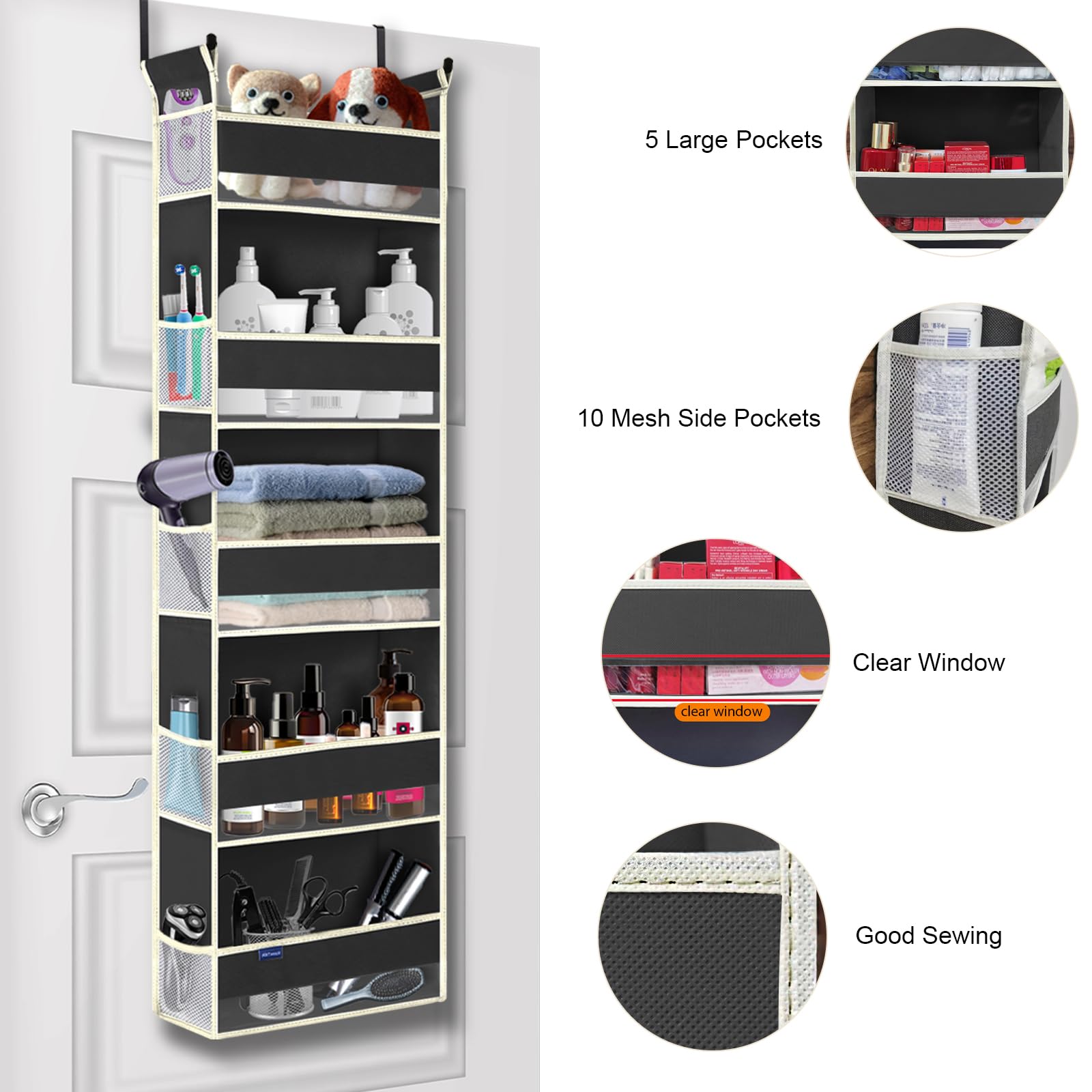 5-Shelf Over The Door Hanging Organizer with 10 Side Pockets - Space Saving Storage for Bathroom, Bedroom, Closet - Perfect for Baby Accessories, Kids Toys, Shoes & More (13
