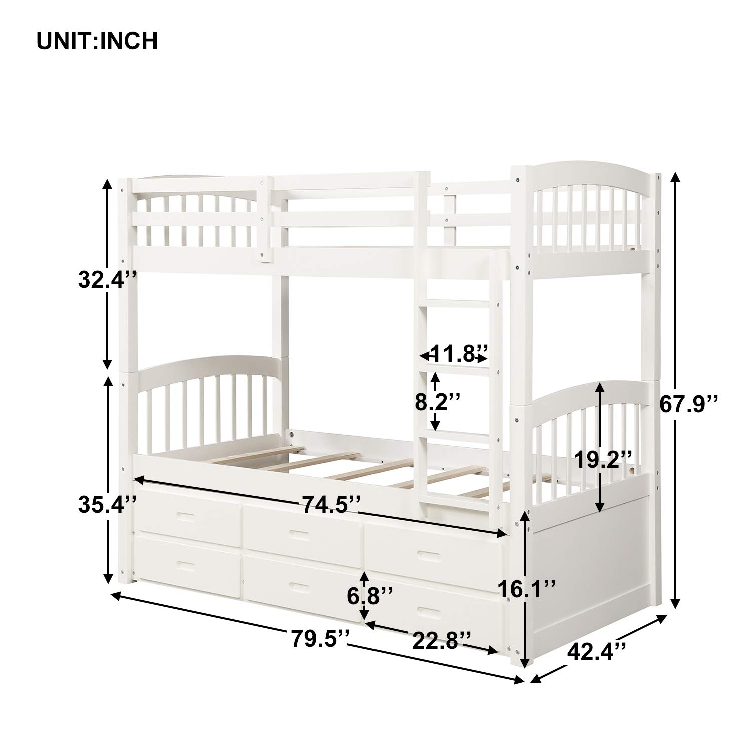 JULYFOX Twin Over Twin Bunk Bed with Trundle and 3 Storage Drawers - Solid Hardwood Space-Saving Bunk Bed with Ladder - Perfect for Kids' Bedrooms, Guest Rooms, and Small Spaces (Espresso Finish)