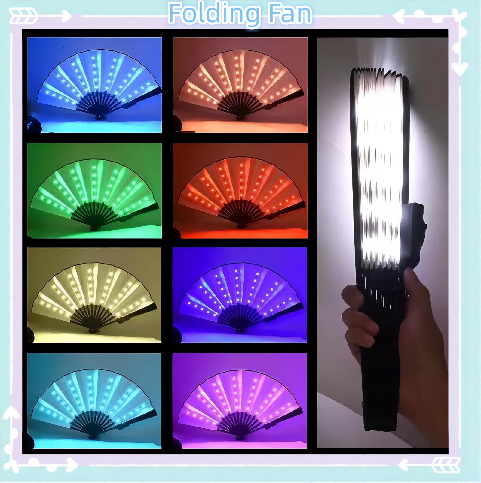 2023 New LED Folding Hand Fan with 365 Color Changing Modes & Remote Control - Cool Multifunctional Rave Party Fan, Large Light Up Hand Fan for Outdoor Events, Concerts, Festivals & Gifts (White)