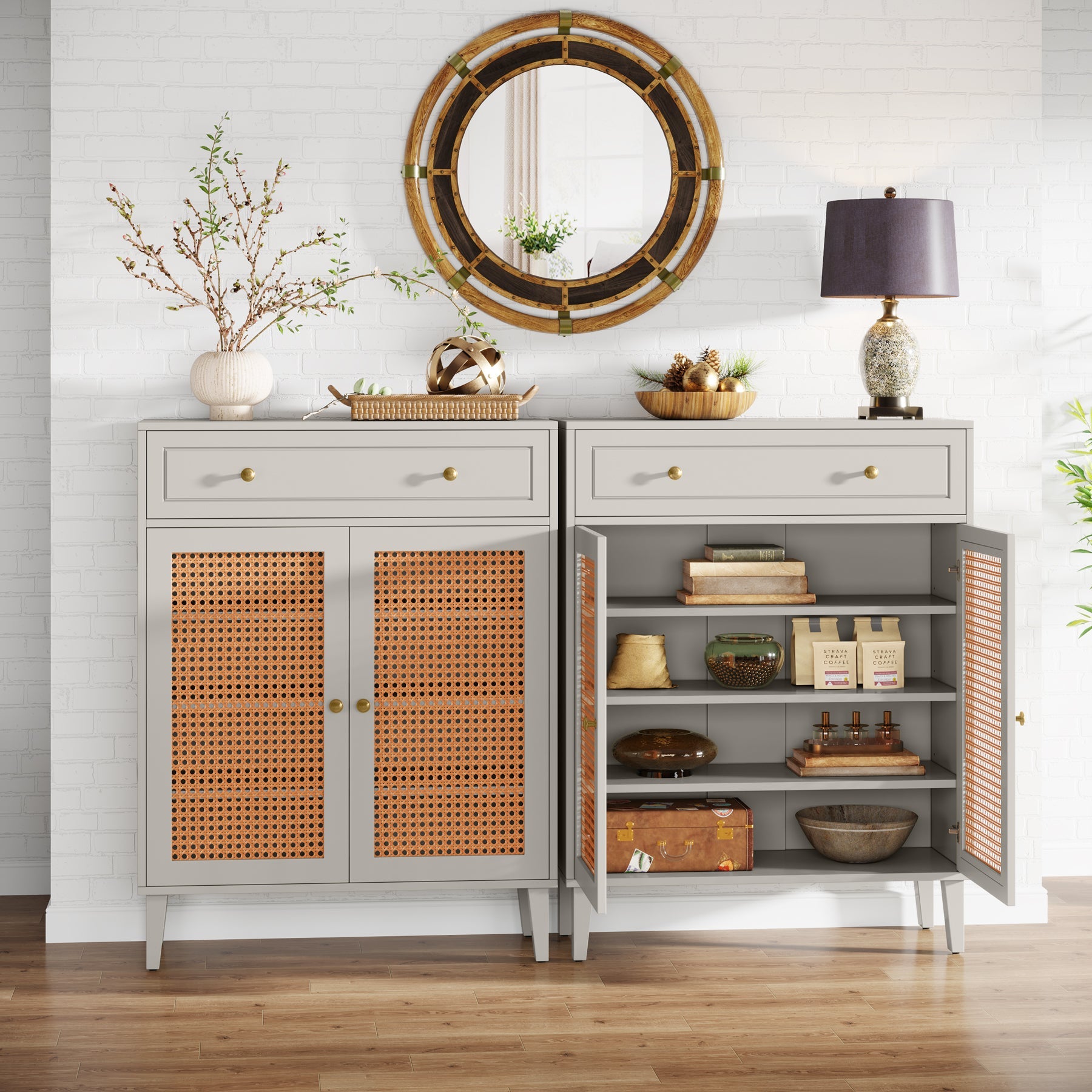 Solid Wood Storage Cabinet Sideboard with Adjustable Shelves & Drawer - Modern Farmhouse Furniture for Dining Room, Living Room, or Entryway Organization