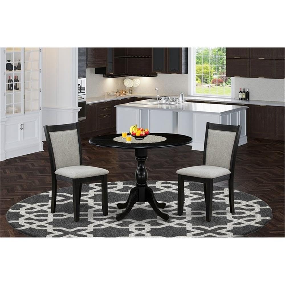 Modern 3-Piece Round Wooden Dining Table Set with Drop Leaf & 2 Linen Fabric Parsons Chairs - 42x42 Inch, Wirebrushed Black - Perfect for Small Spaces, Breakfast Nooks & Cozy Apartments