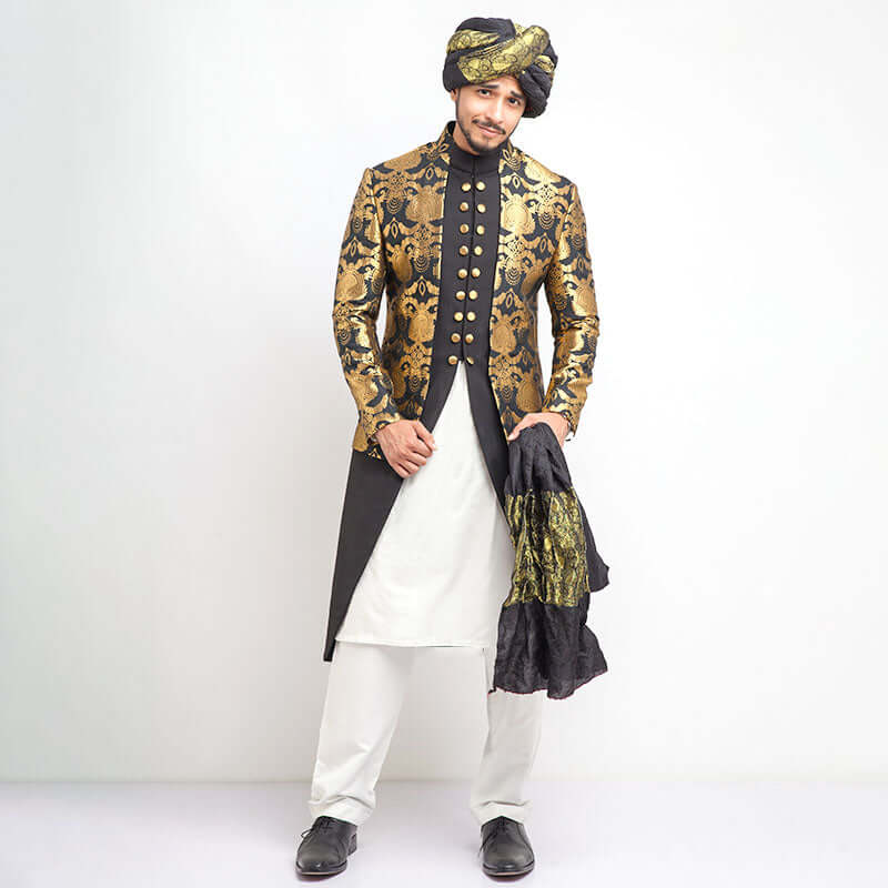 Elegant Black and Gold Jamavar Sherwani Set for Men | Traditional Indian Wedding Outfit | Perfect for Groom, Groomsmen & Special Occasions