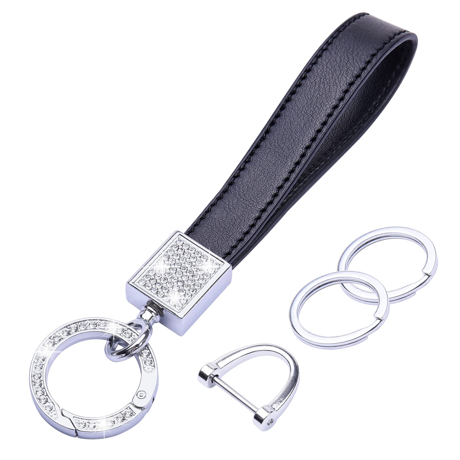 Premium Bling Leather Car Keychain for Women - Universal Genuine Leather Key FOB with Anti-Lost D-Ring & 2 Keyrings (Black) | Perfect Gift for Car Owners, Great for Key Organization & Style Enhancement