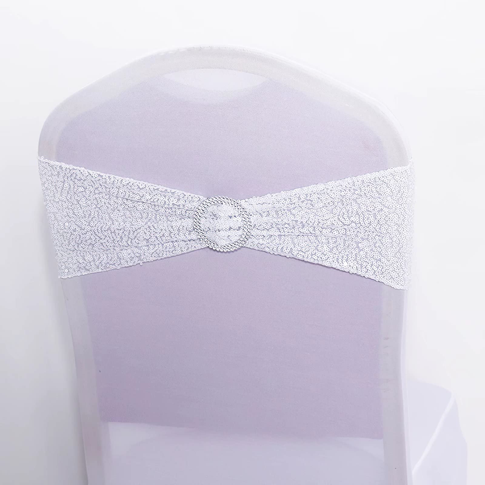 10-Pack Stretch Sequin Chair Sashes - One-Sided Sparkly Wedding Reception Decor for Banquet, Bridal Shower, Christmas Party & Class Reunion - Elegant White Chair Covers (10 Count)