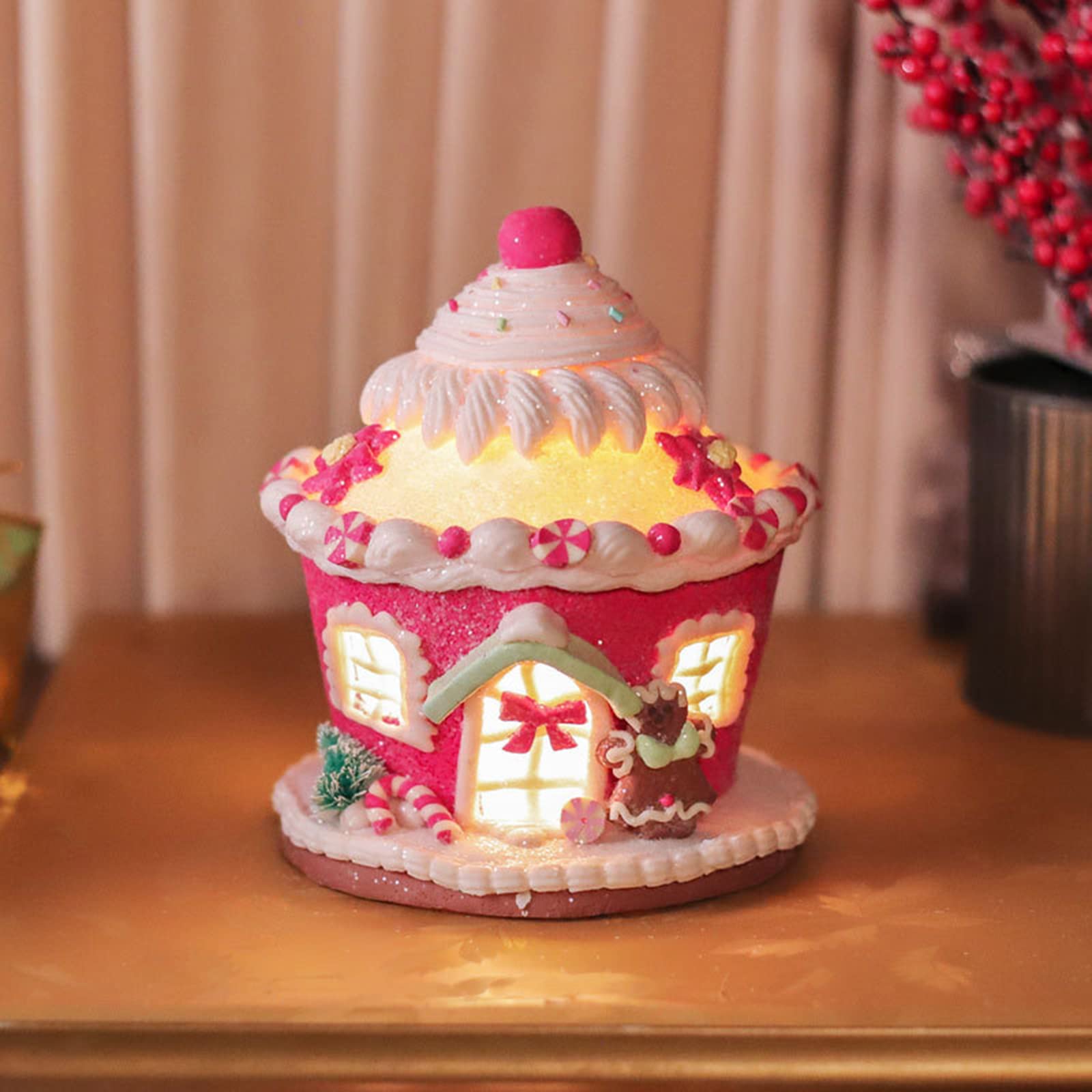 LED Lighted Christmas Gingerbread House Ornaments - Pink Candy House Decor with Lights for Holiday Tree, Mantel & Tabletop - Festive Indoor Room Decoration for Xmas Party & Home Décor