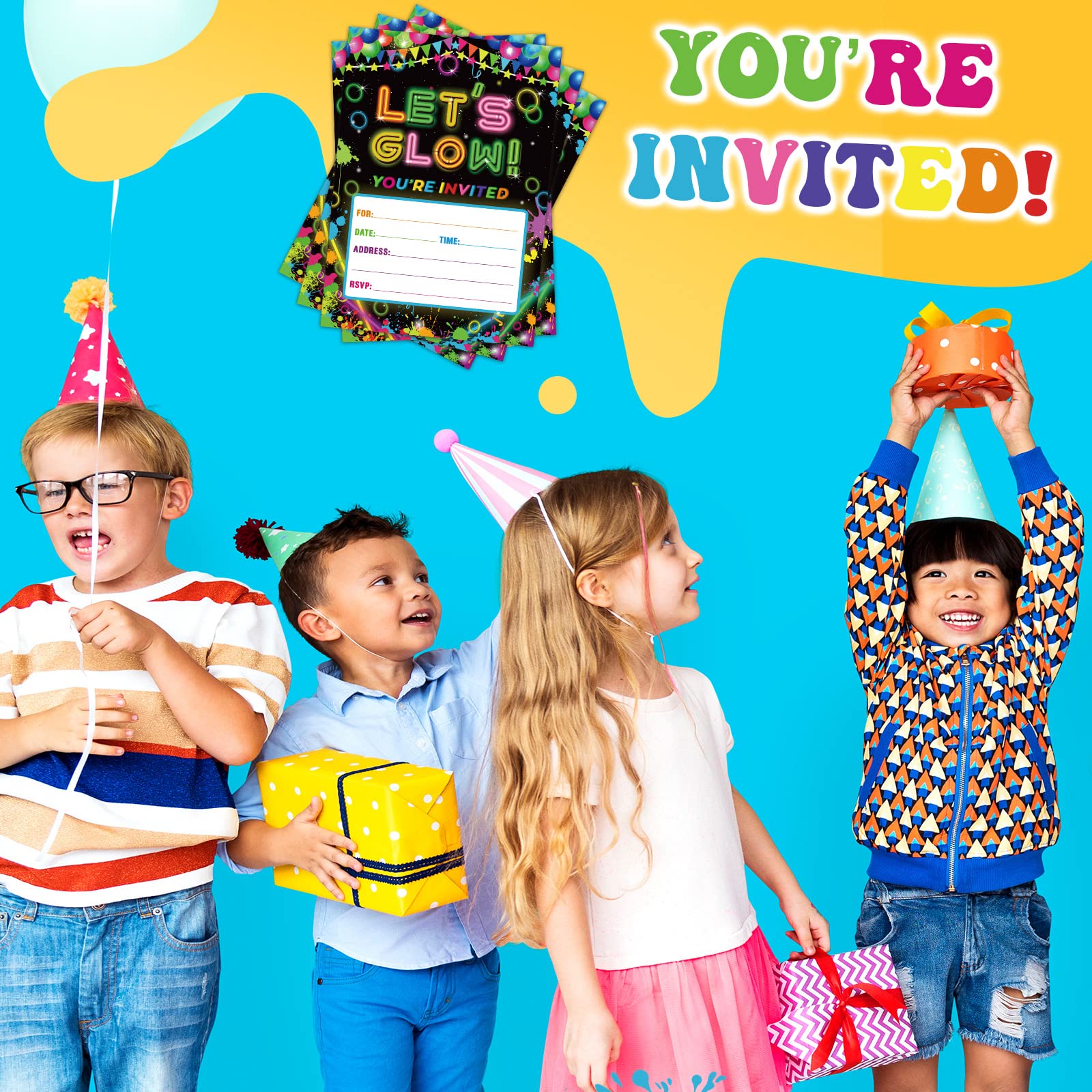 30 Pack Glow in the Dark Birthday Party Invitations - Neon Party Favors with 30 Envelopes & Stickers - Perfect for Kids Birthday, Glow Parties & Nighttime Celebrations
