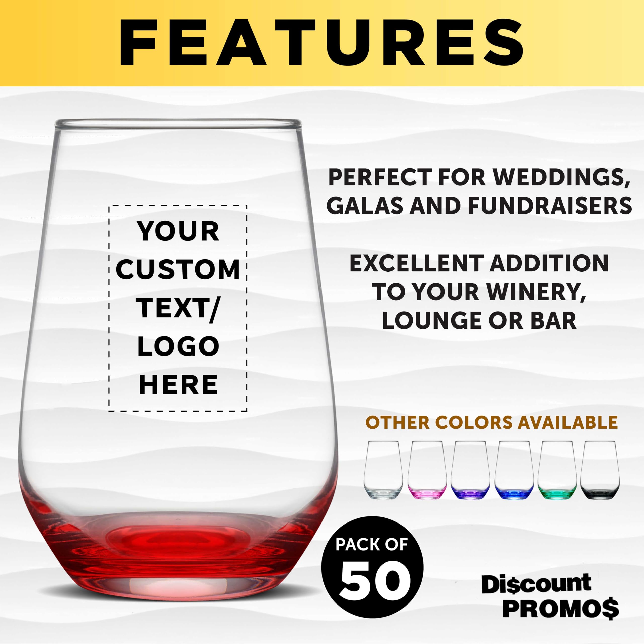 50 Pack Stemless Wine Glasses Set - 16oz Clear Orb-Like Silica Cups with Thick Base - Personalized Text/Logo Engraving - Perfect for Weddings, Parties & Corporate Events